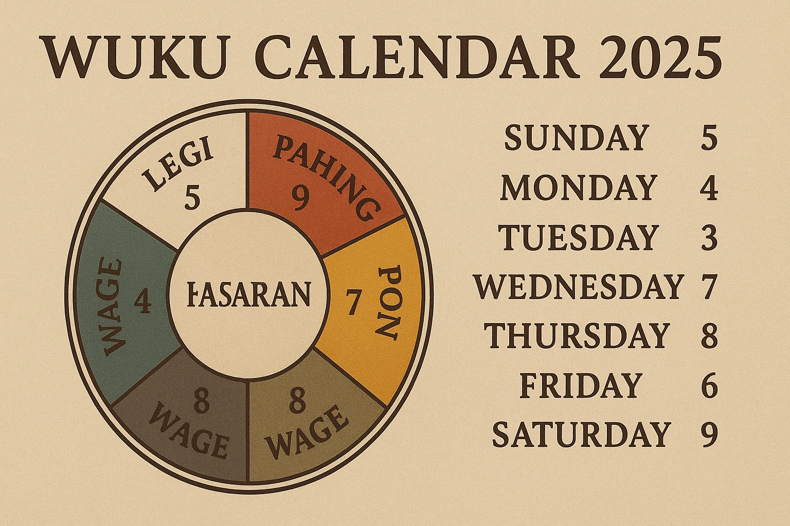 A close up view of the printable Wuku calendar 2025, highlighting the Pasaran chart and Neptu values for daily planning.