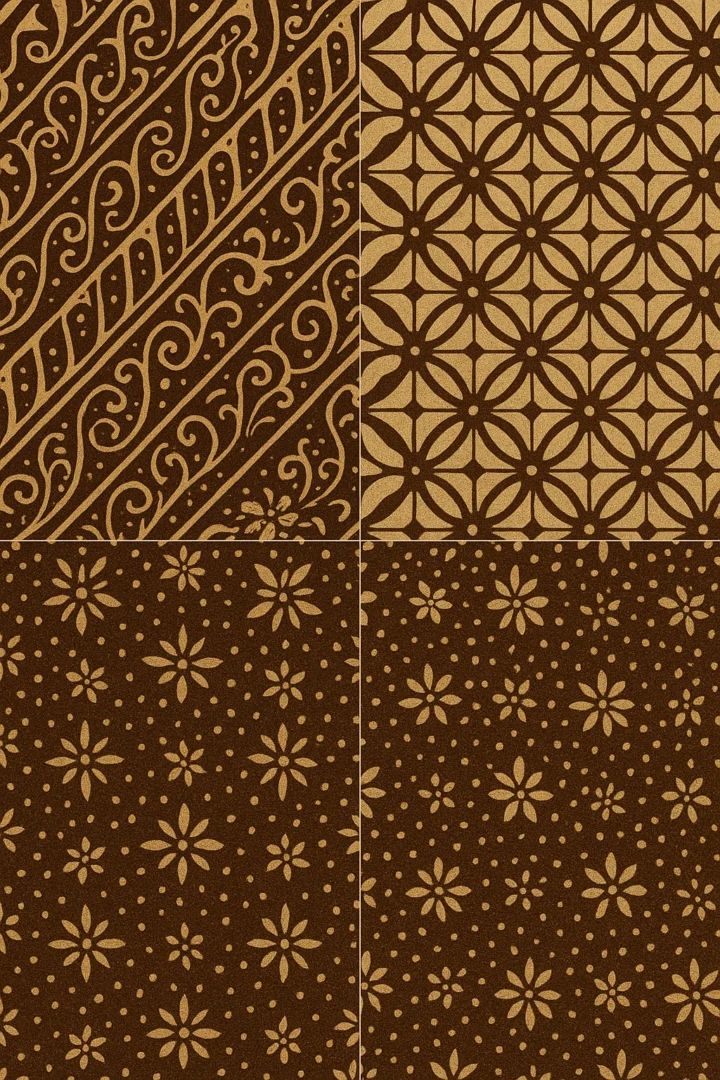 A collage of classic Javanese batik motifs like Parang, Kawung, and Truntum.
