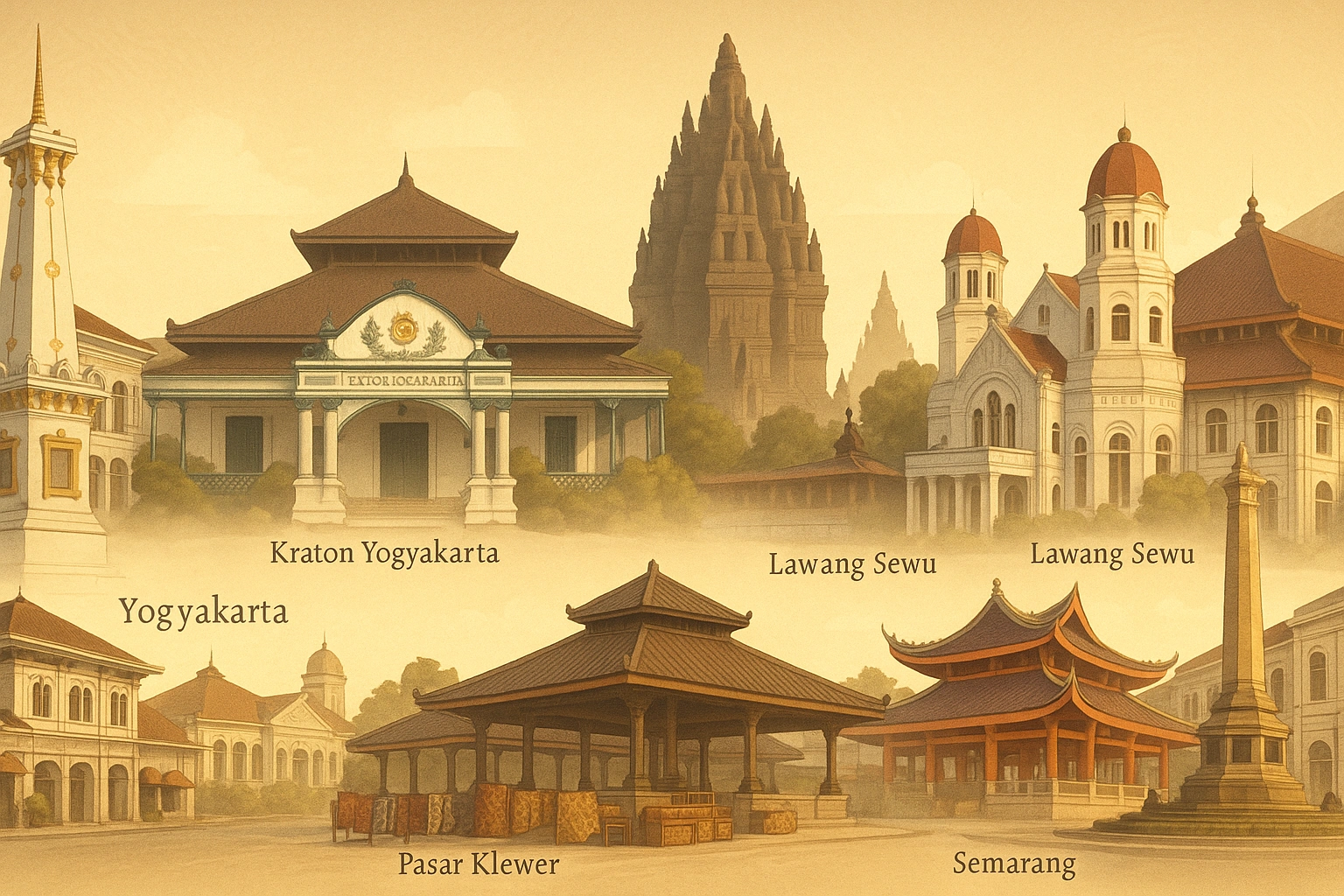 A collage of famous landmarks from Yogyakarta, Surakarta, and Semarang.