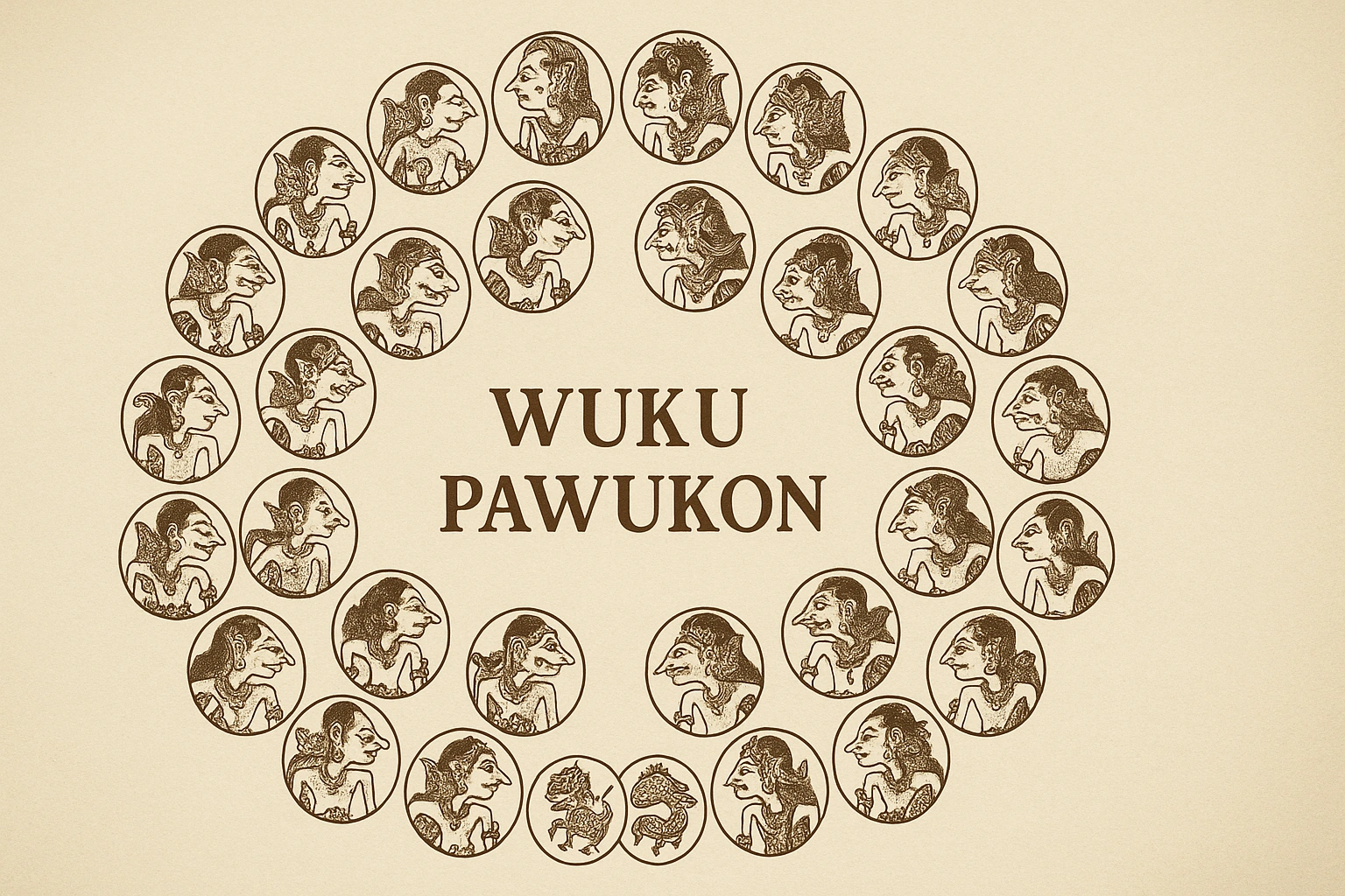 A collection of intricate Javanese Wuku symbols arranged in a circular pattern, representing the Pawukon calendar.