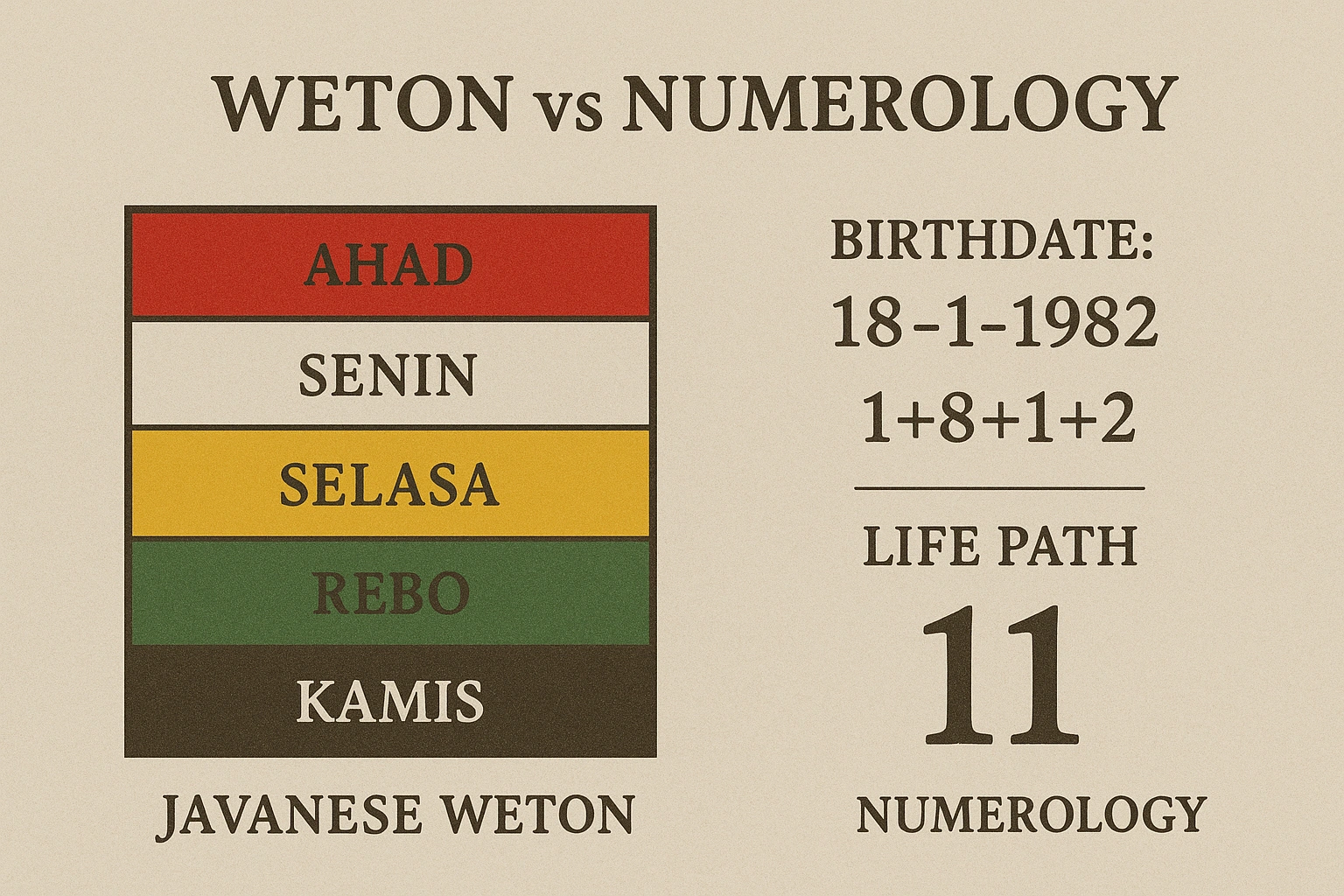 A comparison image showing a Javanese Weton calendar next to a Western numerology chart, exploring the theme of weton vs numerology and destiny numbers.