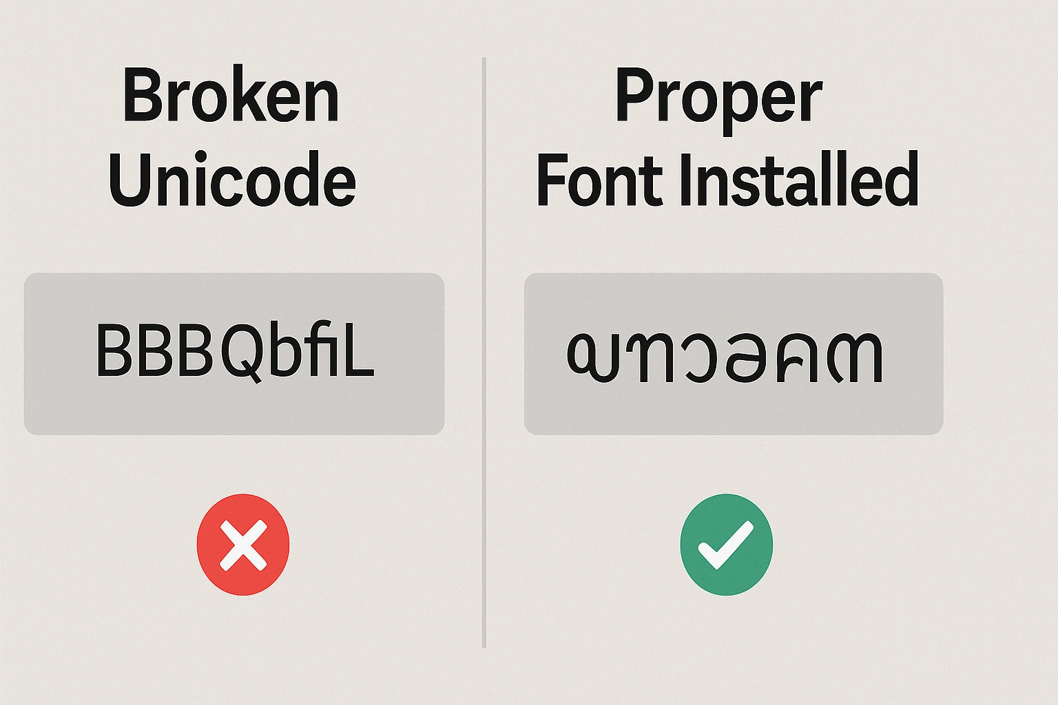A comparison showing broken Javanese unicode (tofu boxes and jumbled text) versus correctly rendered text using a proper font. A comparison showing broken Javanese unicode (tofu boxes and jumbled text) versus correctly rendered text using a proper font.
