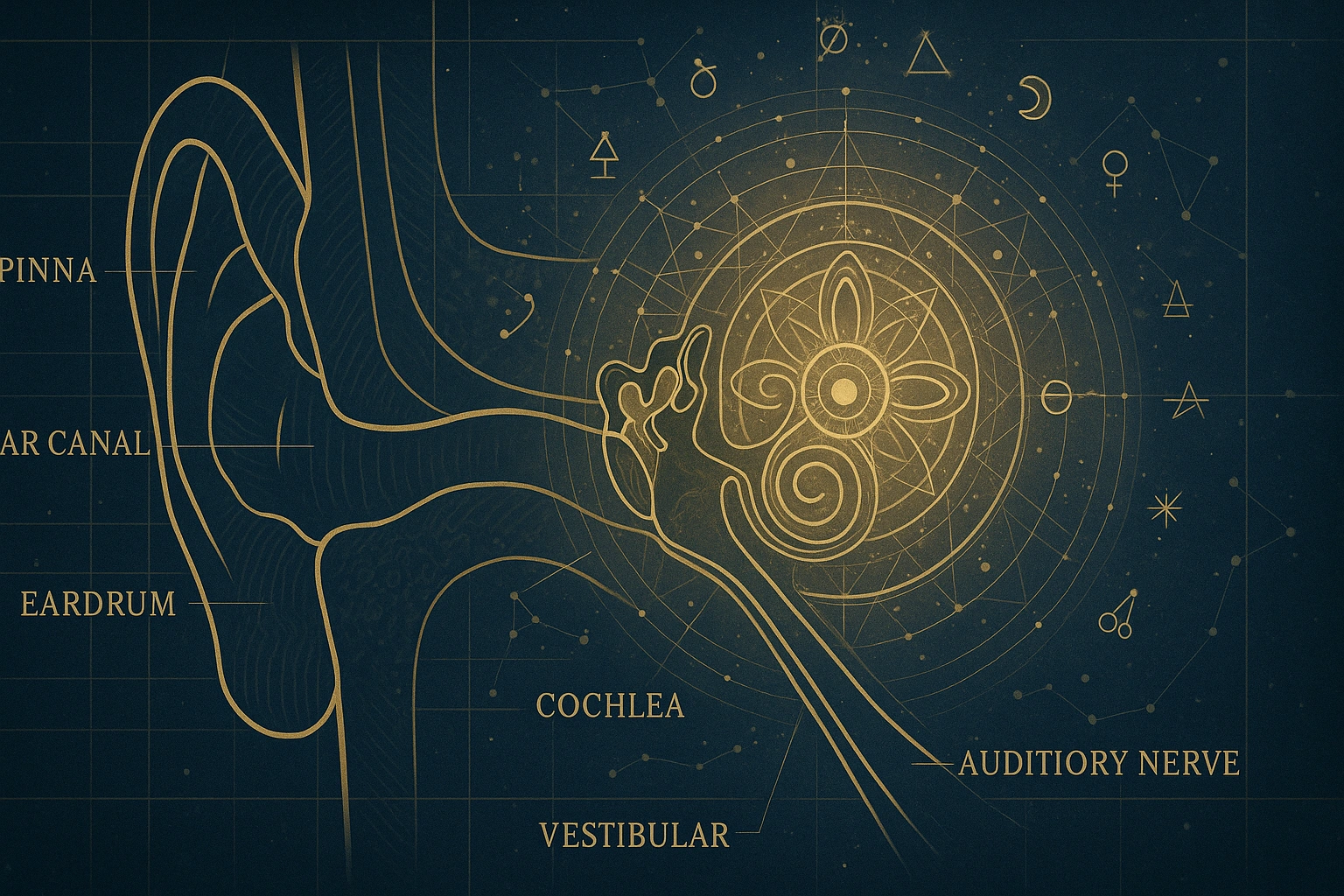 A conceptual image blending a scientific diagram of an ear with mystical symbols.