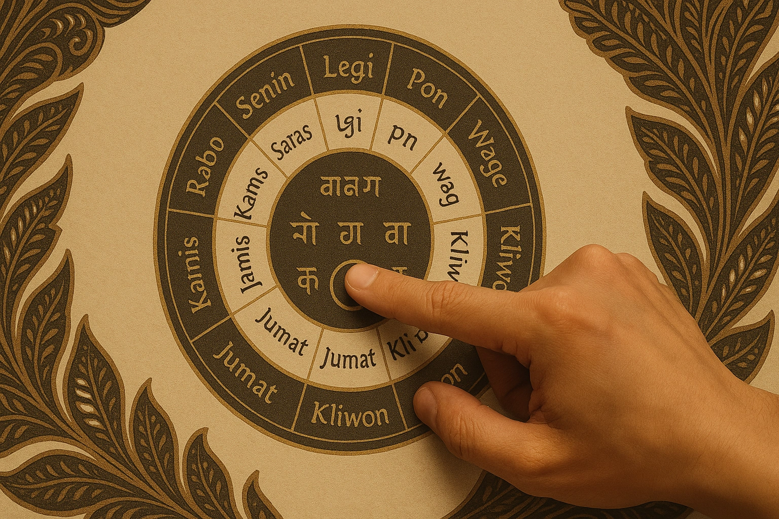 A conceptual image showing a hand pointing to a specific date on a stylized Javanese Weton calendar, symbolizing the search for one's personality.
