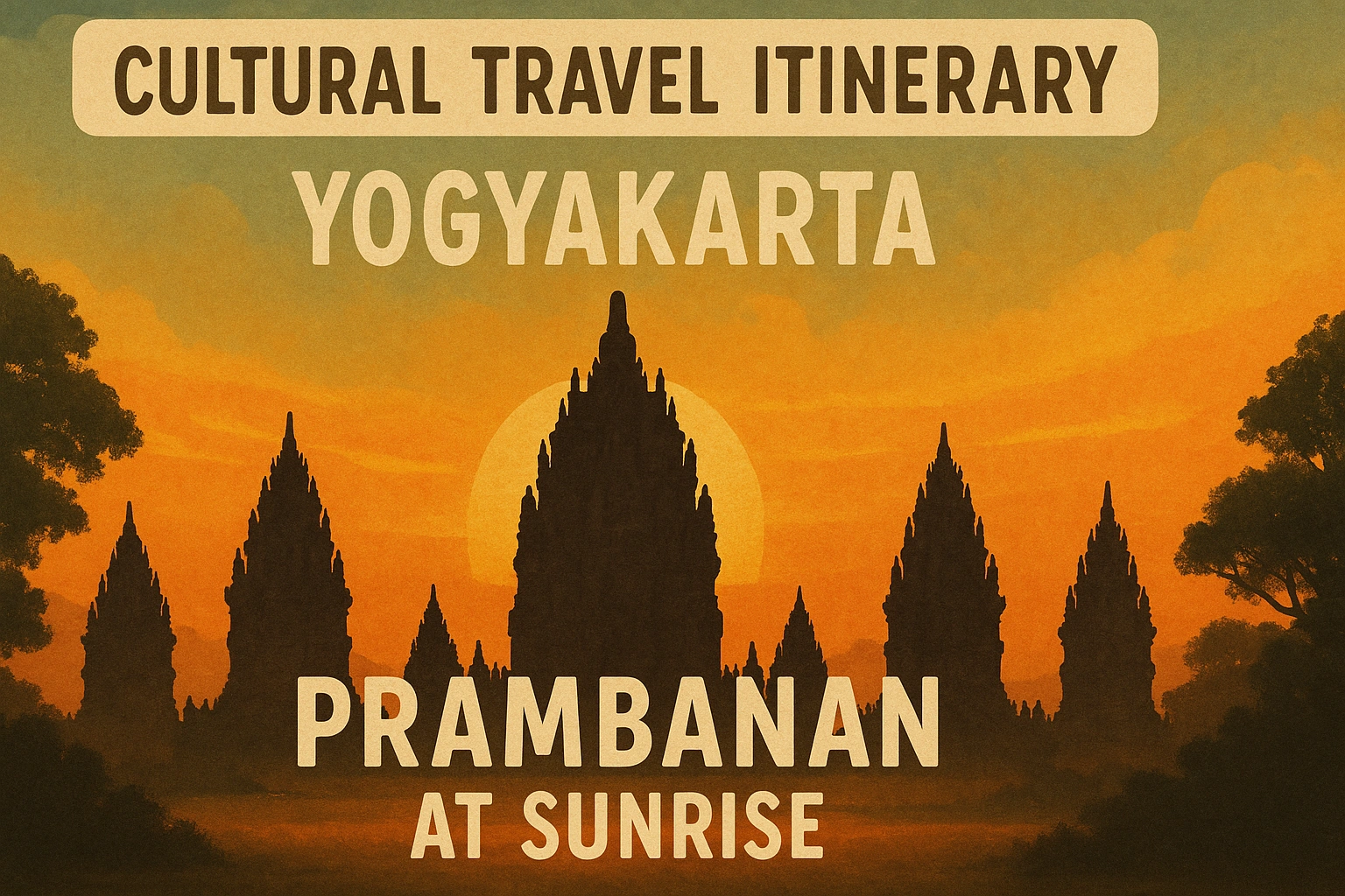 A cultural travel itinerary for Yogyakarta, showing the majestic Prambanan temple at sunrise.