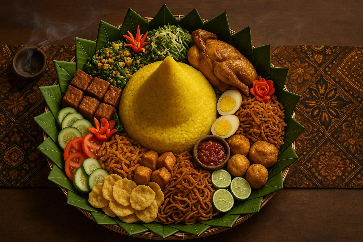 A detailed view of a Nasi Tumpeng, the centerpiece of the Javanese Slametan ritual, surrounded by various side dishes, symbolizing gratitude and divinity.
