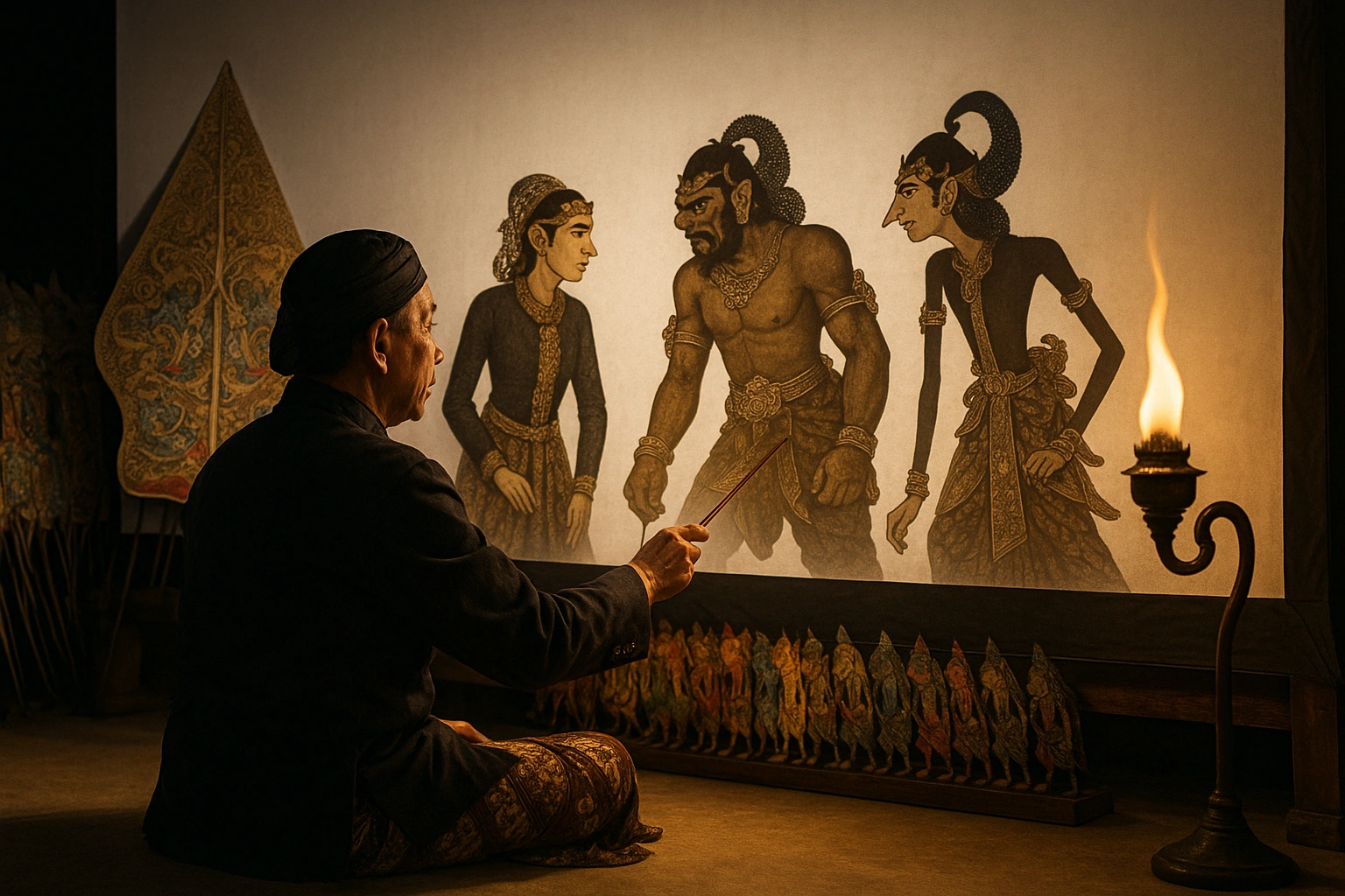 A dhalang (puppet master) performing a Wayang Kulit shadow play, with Javanese heroes projected onto the screen, illustrating ancient storytelling.