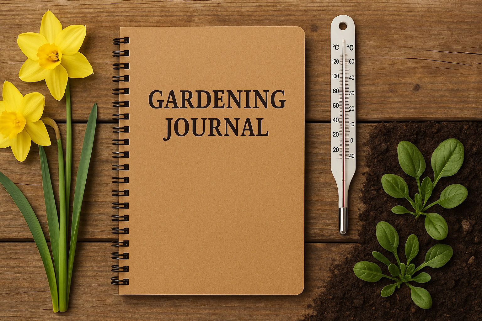A flat lay of a gardening journal, a soil thermometer, and indicator plants like daffodils.