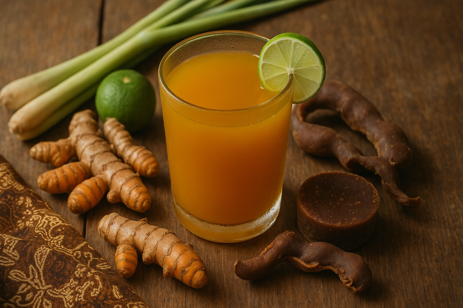 A glass of traditional Javanese Jamu, a golden herbal drink made with turmeric and other fresh ingredients.