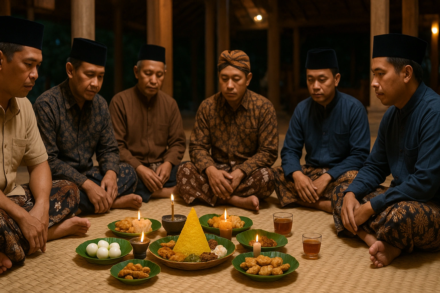 A group of Javanese men sitting in a circle on a mat for a Slametan ritual, with the food offerings (ubarampe) in the center, explaining the community tradition.