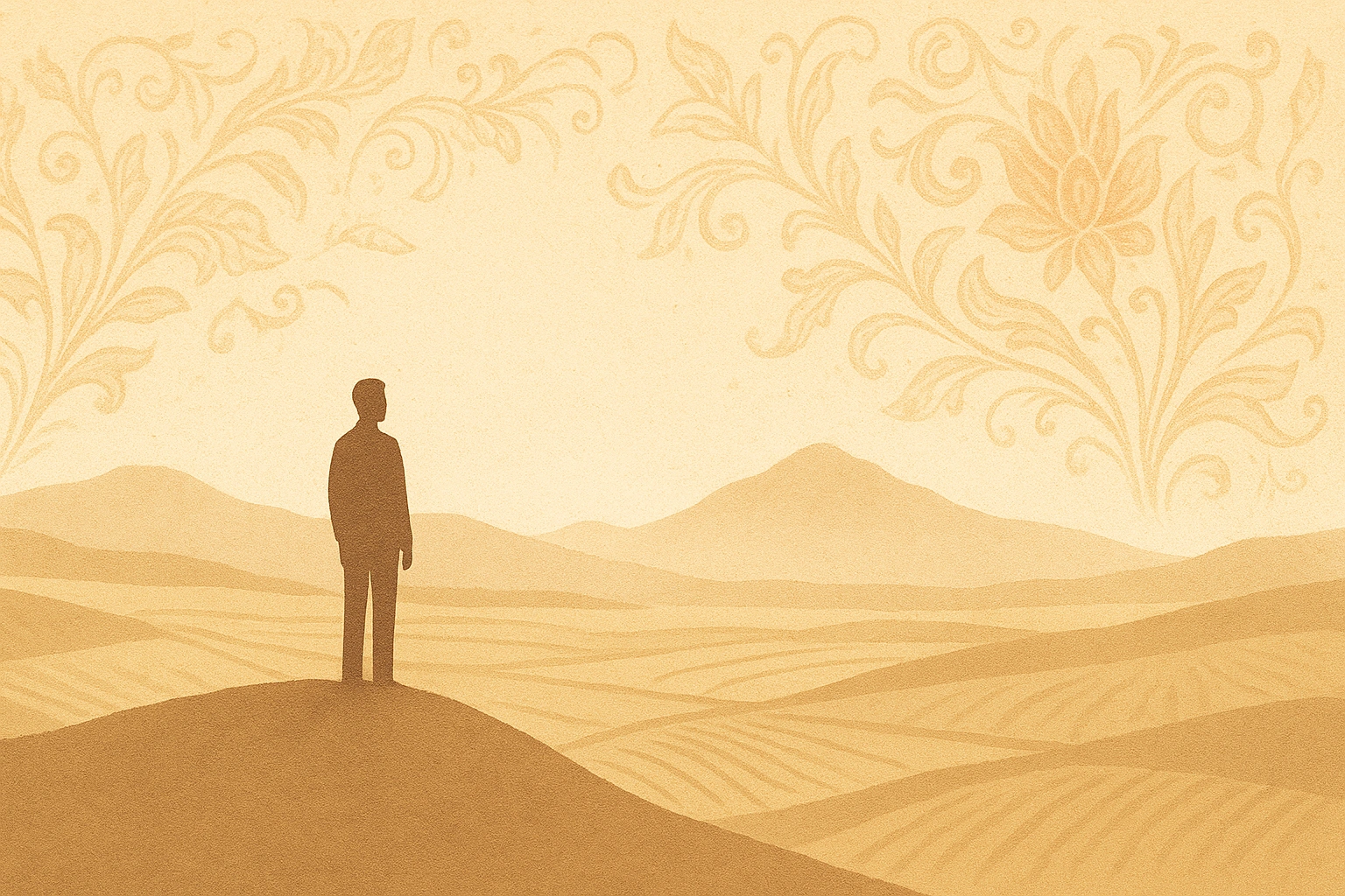 A lone figure overlooking a wide, peaceful landscape, symbolizing the contemplative and creative spirit of Wuku Tolu.