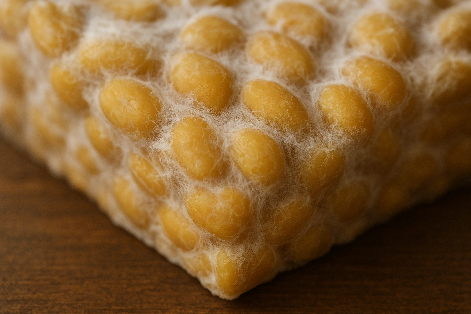 A macro photograph showing the dense, white mycelium of the Rhizopus mold binding the whole soybeans together in a block of tempeh.