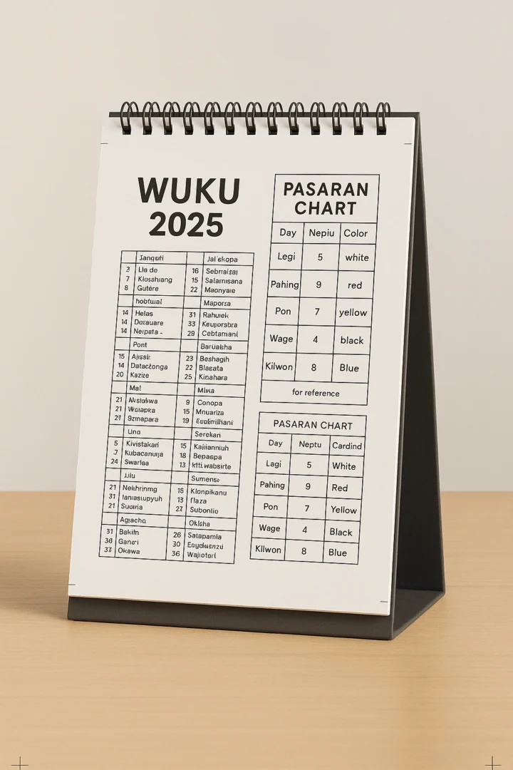 A mockup of the printable A4 Wuku desk chart for 2025, featuring a detailed Pasaran chart.