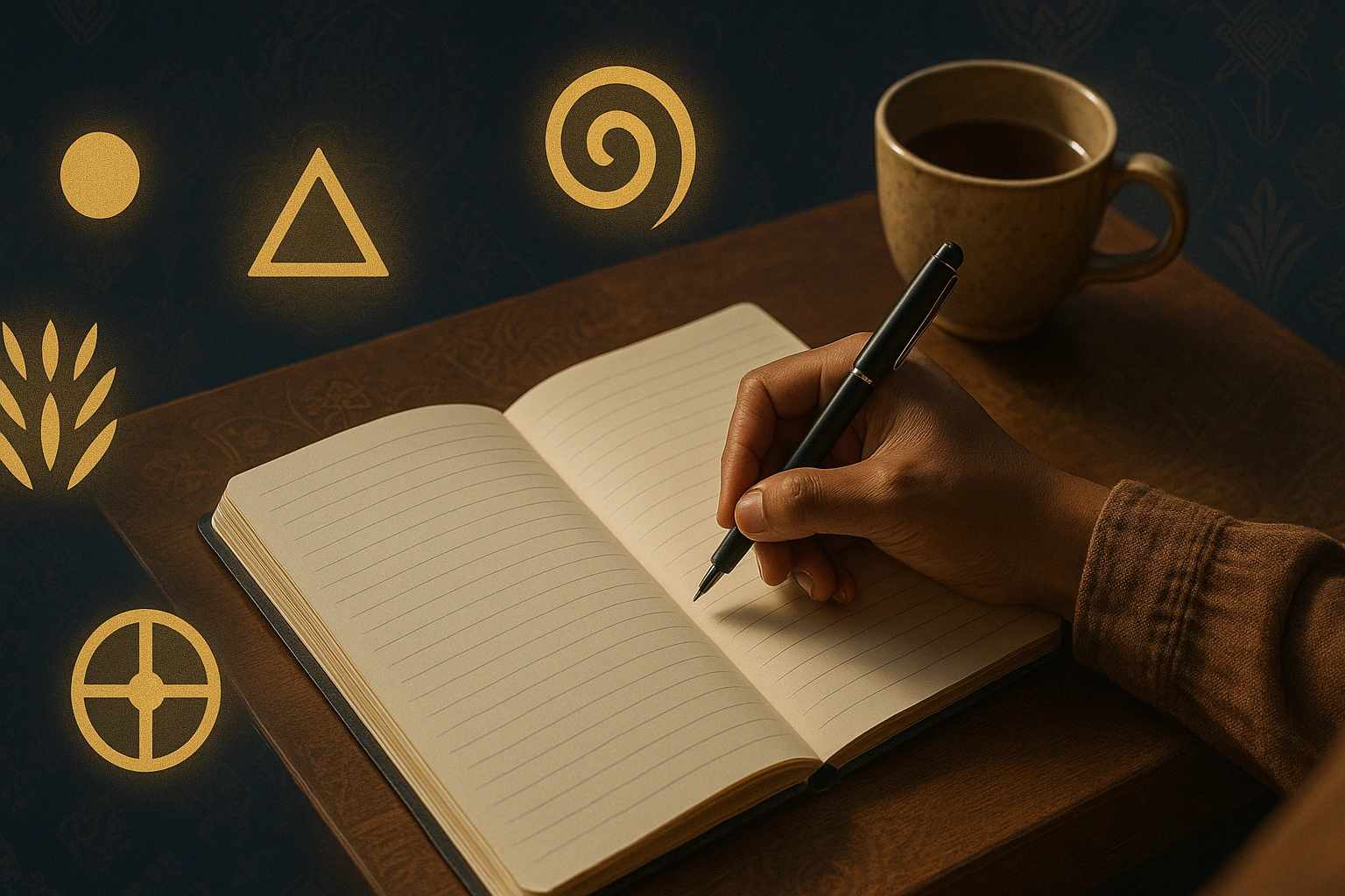 A person engaged in Weton journaling, with a pen and open notebook surrounded by abstract Javanese symbols representing the five Pasaran days.