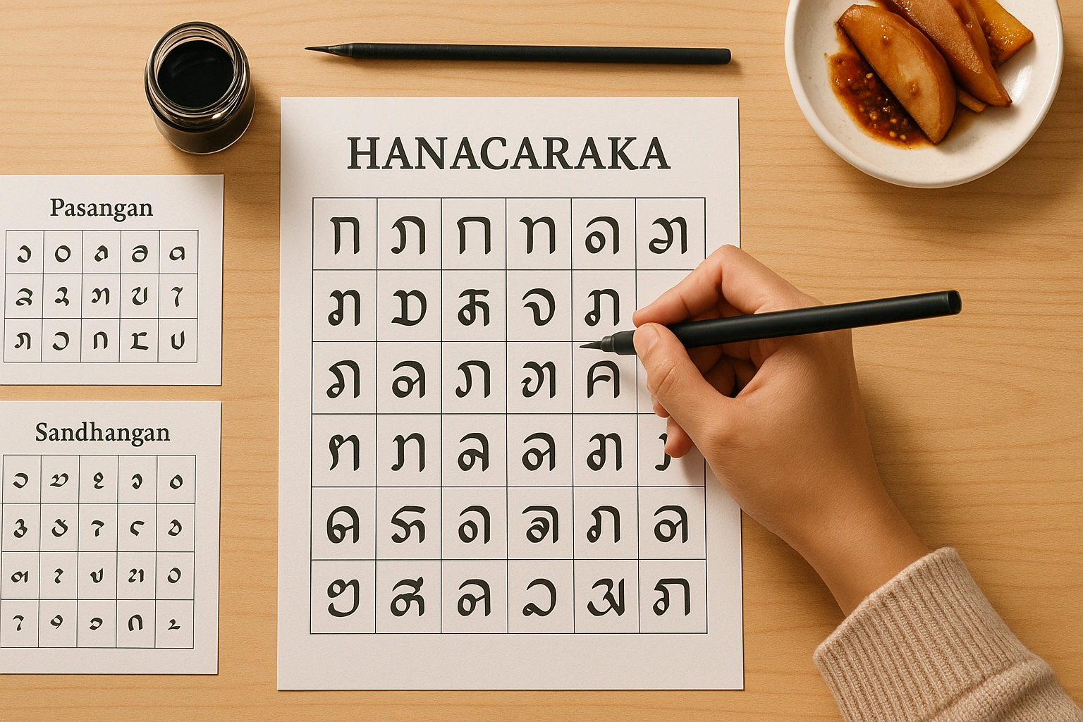 A person practicing Javanese calligraphy with our free hanacaraka worksheets and lettering guides.