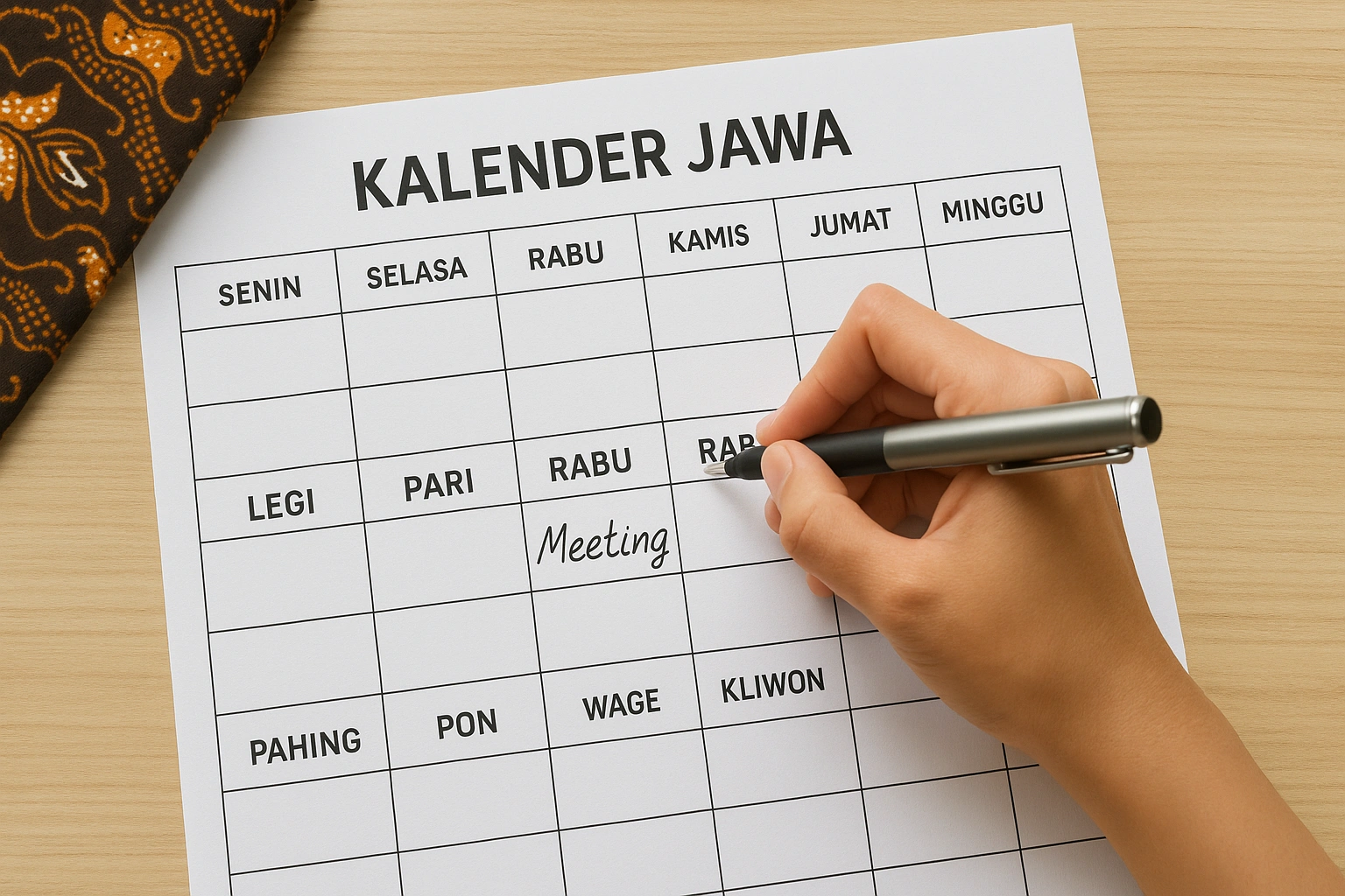 A person using the printable Javanese calendar planner on a desk to schedule events.