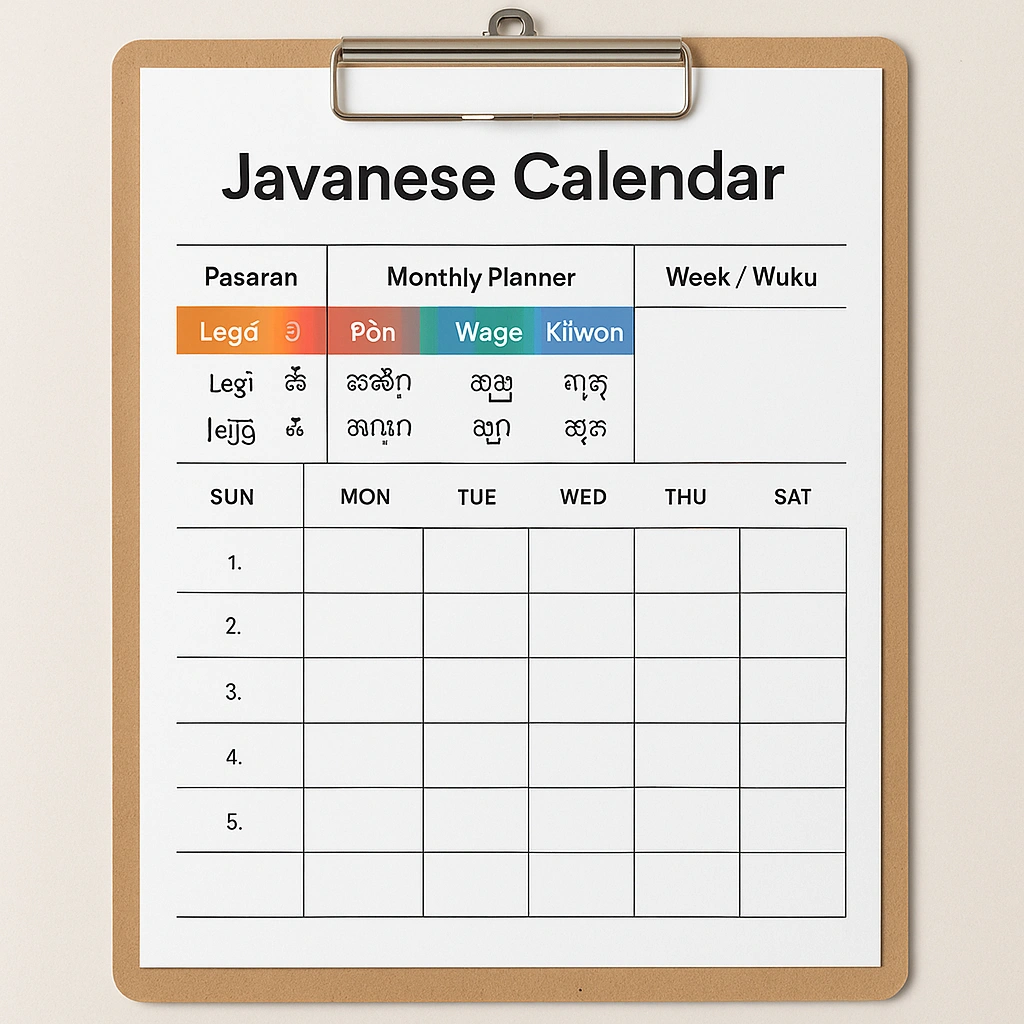 A preview of the printable Javanese calendar PDF planner, showing a clean layout with Pasaran chart details.
