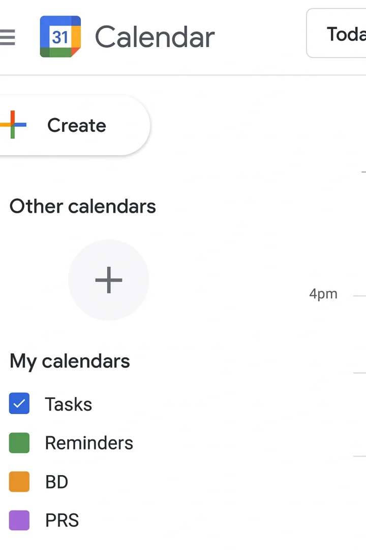 A screenshot of the Google Calendar interface on a desktop, highlighting the 'Other calendars' section and the plus icon. A screenshot of the Google Calendar interface on a desktop, highlighting the 'Other calendars' section and the plus icon.
