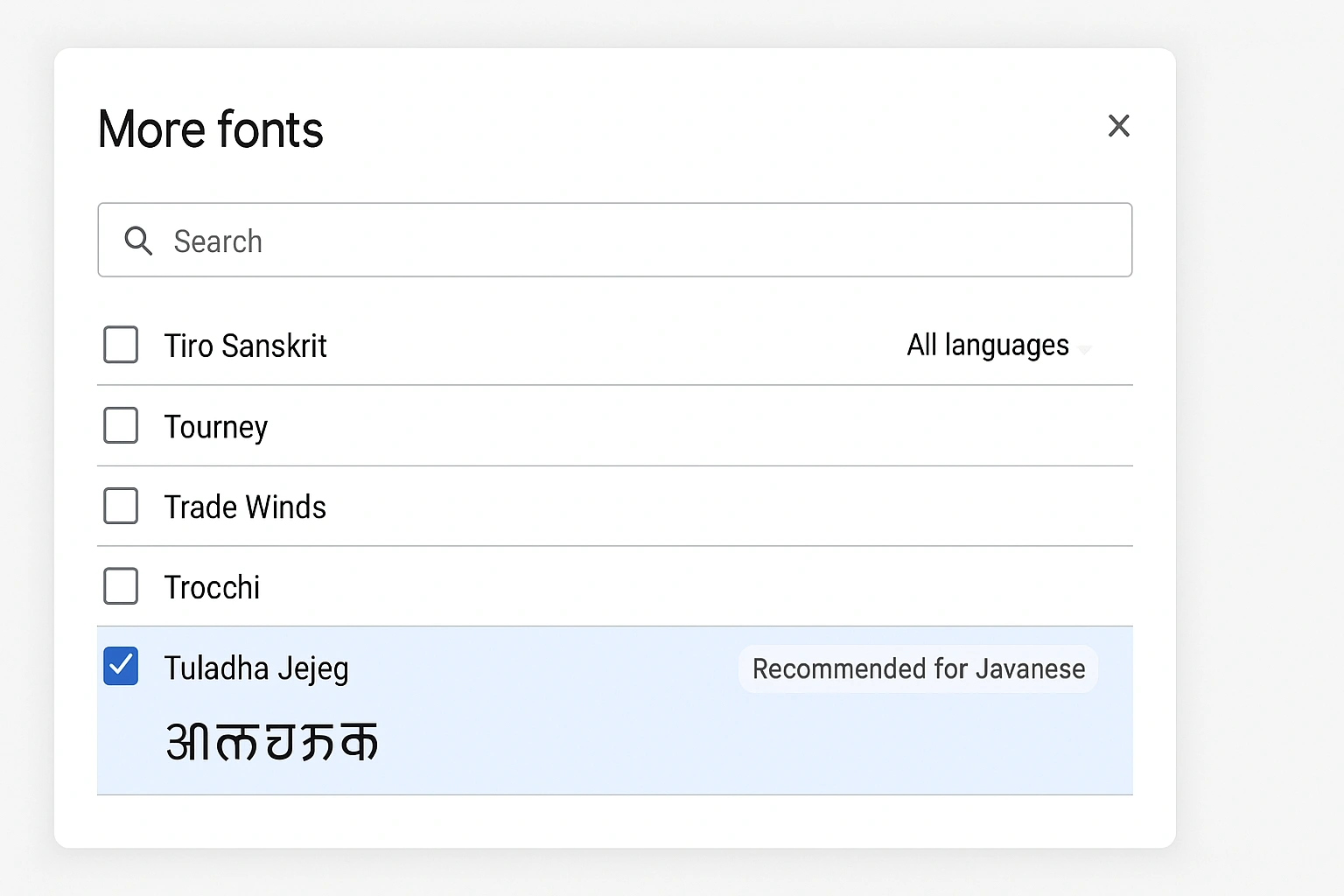 A screenshot of the Google Fonts selection window in Google Docs, with the 'Tuladha Jejeg' font highlighted as the solution for rendering Javanese script.