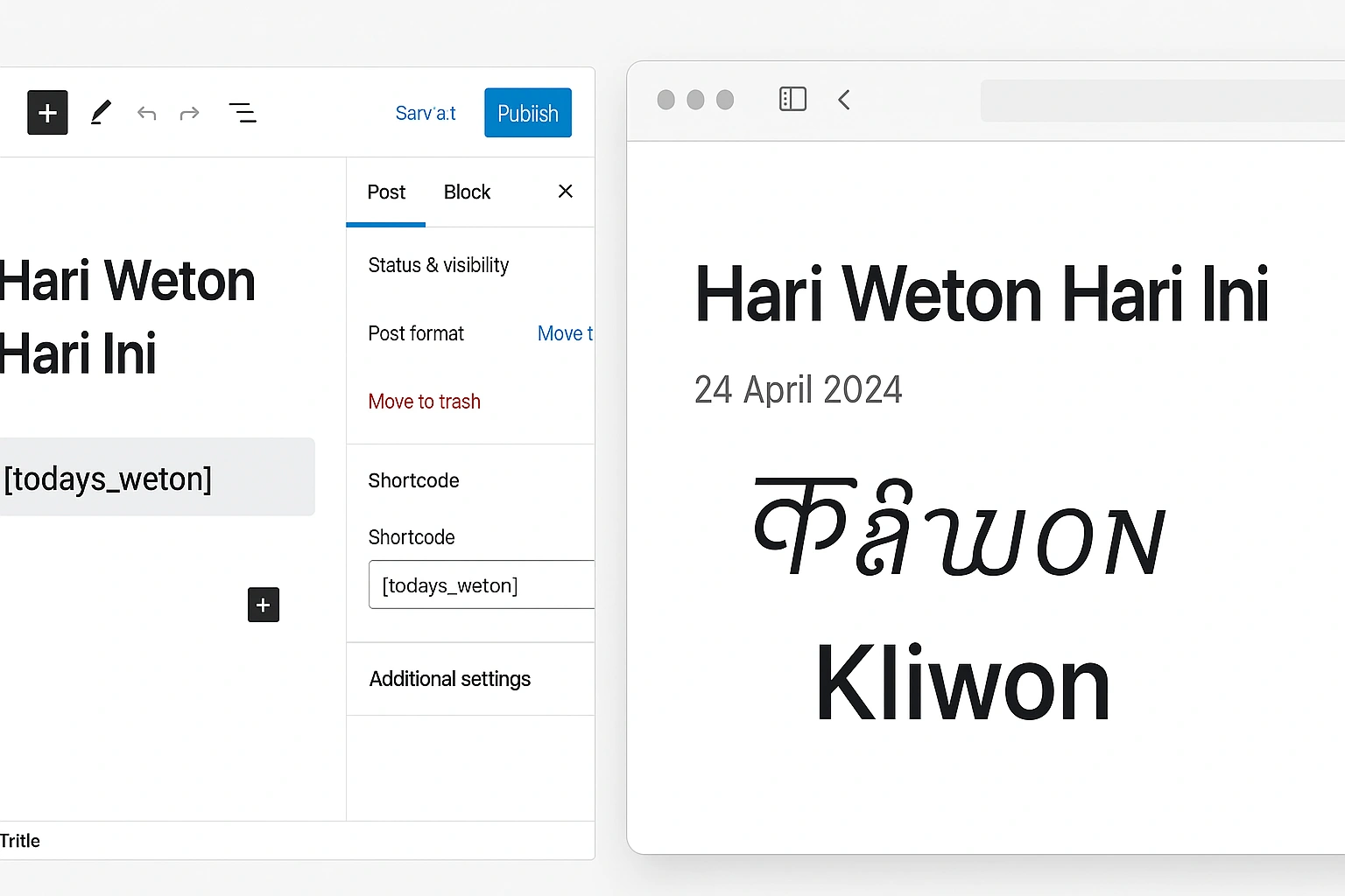 A screenshot of the WordPress editor with the [todays weton] shortcode, and the front end view showing the rendered Javanese day.