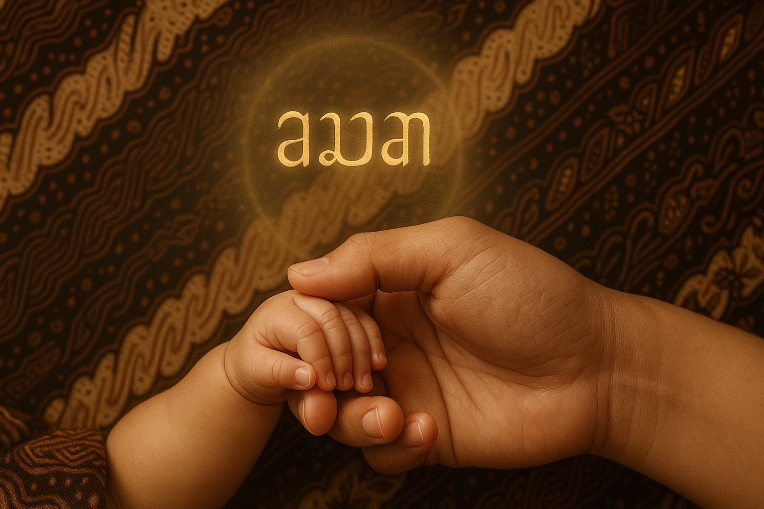 A serene image of a Javanese parent gently holding a baby's hand, symbolizing the gift of a name and heritage.