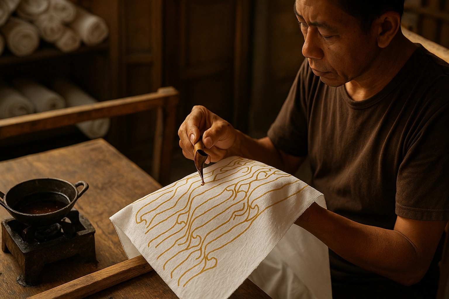 A skilled artisan in Solo, the capital of Javanese batik, meticulously applying wax to a cloth.