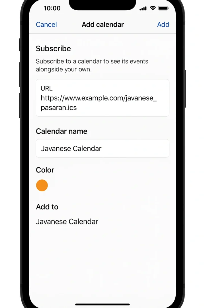 A smartphone screen showing how to add the Javanese calendar with Pasaran days to Google Calendar using a subscribe ICS link. A smartphone screen showing how to add the Javanese calendar with Pasaran days to Google Calendar using a subscribe ICS link.