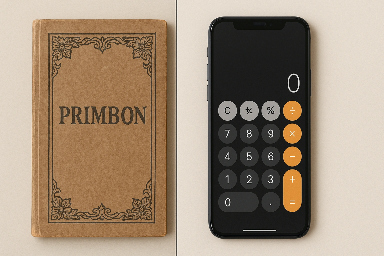 A split image showing a traditional Javanese primbon book on one side and a modern smartphone with a calculator app on the other, symbolizing tradition vs tech.
