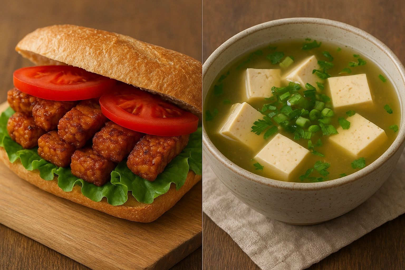 A split image showing crispy tempeh strips for a sandwich on one side, and soft tofu cubes in a soup on the other.