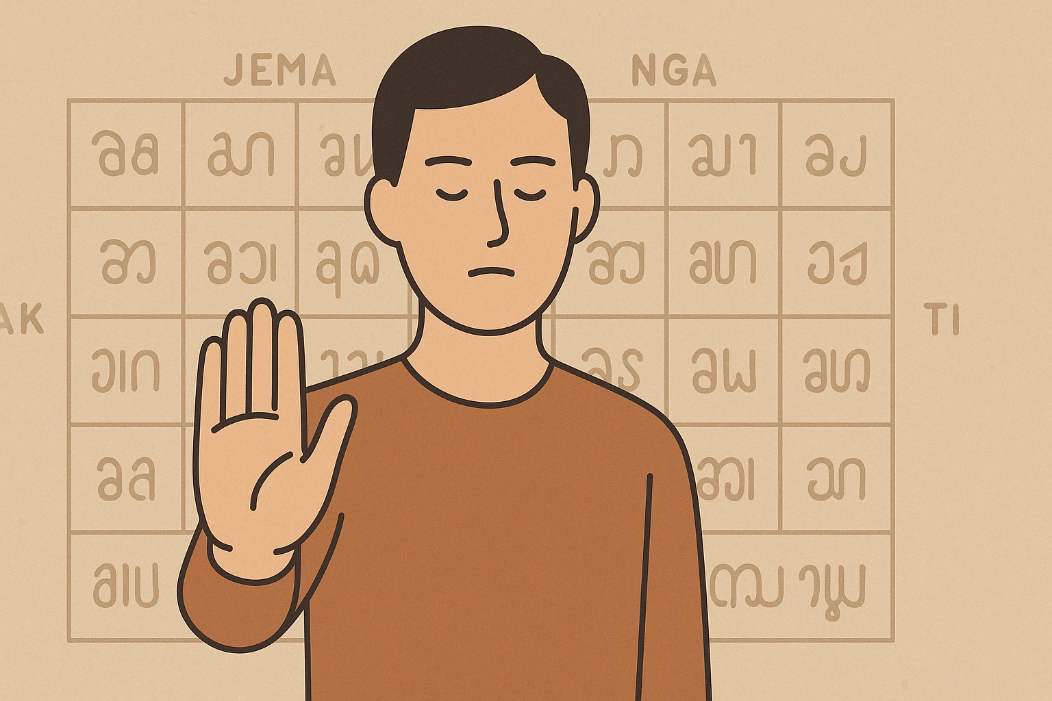 A symbolic image of a person pausing or being cautious, with subtle Javanese calendar elements in the background
