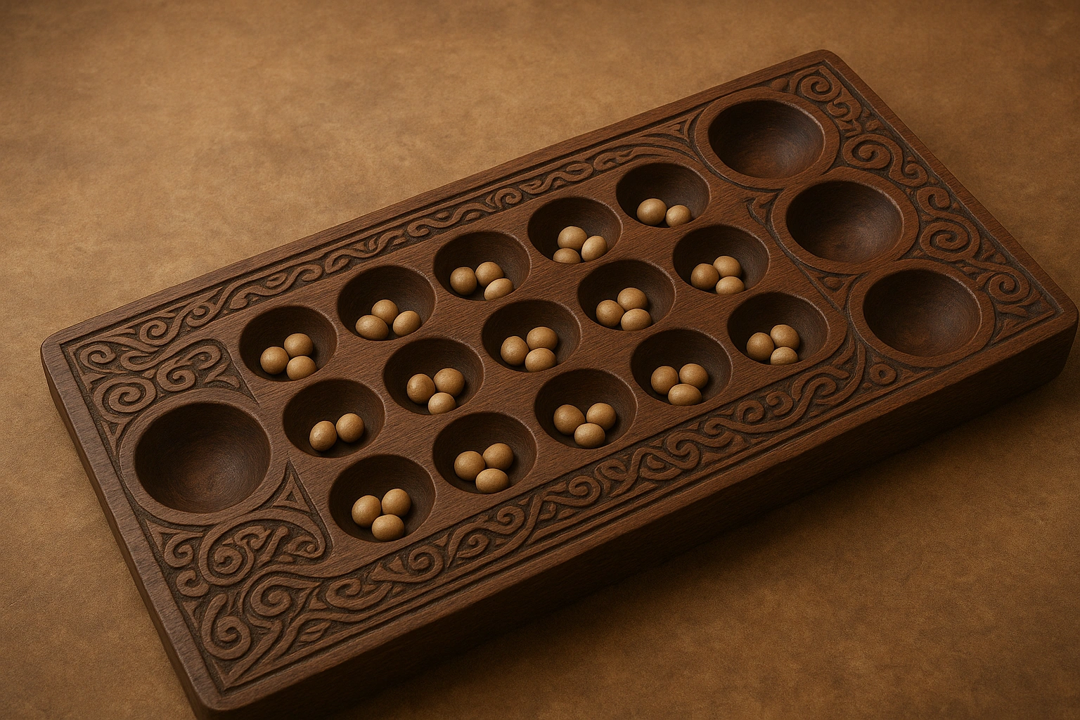 A traditional Javanese dakon board, symbolizing the strategic and forward thinking mind inherent in the Wuku Kurantil weton profile.