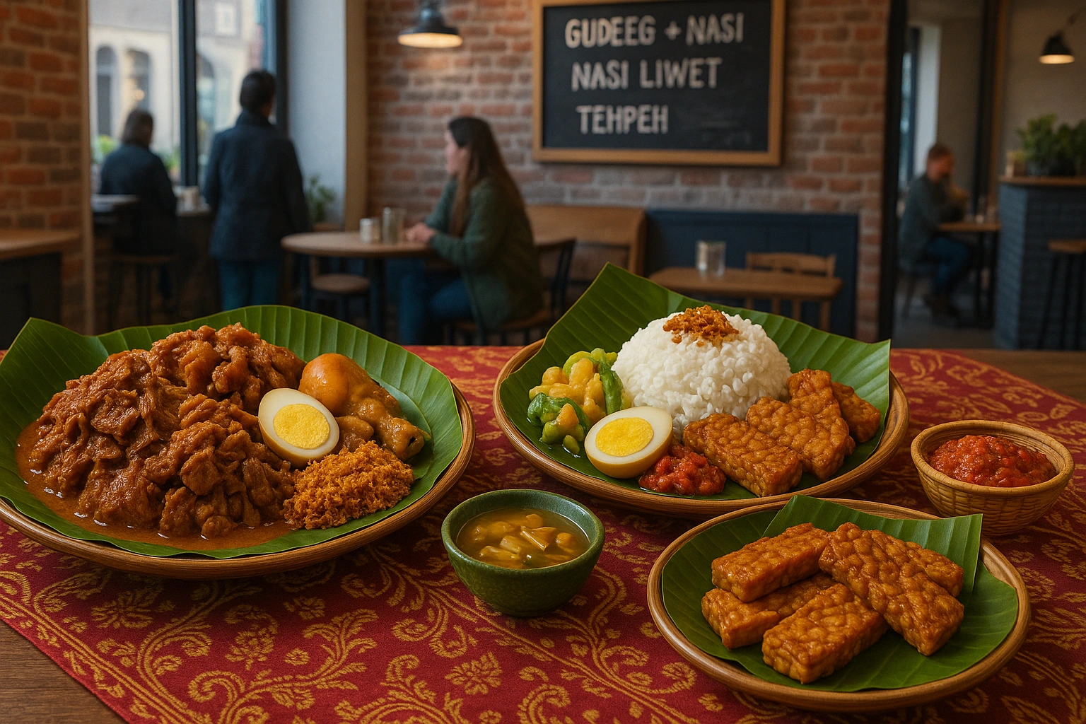 A vibrant spread of Javanese food available in Europe, featuring gudeg, nasi liwet, and tempeh, showcasing the rich culinary tradition.