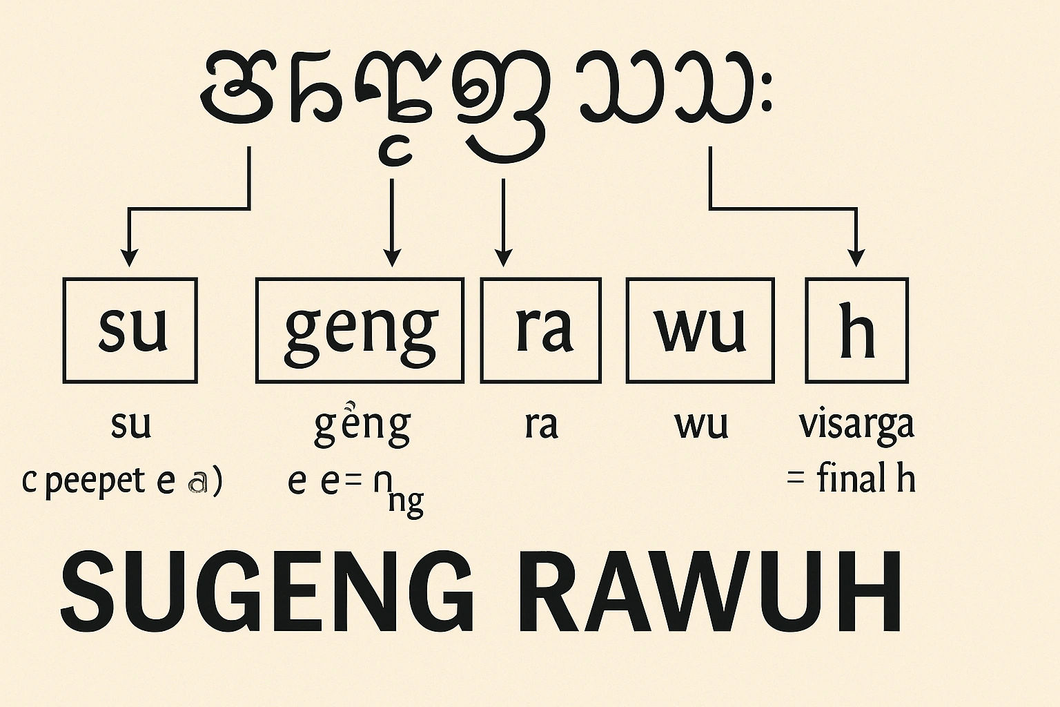 A visual breakdown of the phrase 'Sugeng Rawuh' being romanized from Javanese script to Latin letters. A visual breakdown of the phrase 'Sugeng Rawuh' being romanized from Javanese script to Latin letters.