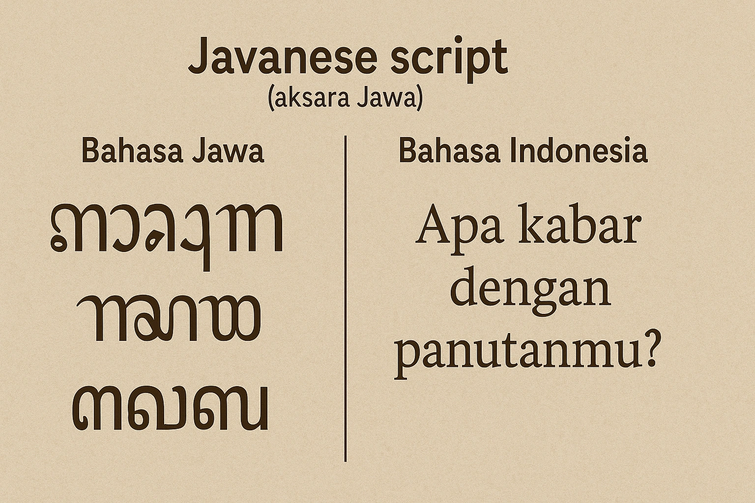 A visual comparison of Javanese script (aksara Jawa) and the Indonesian language, highlighting the difference between Bahasa Jawa and Bahasa Indonesia. A visual comparison of Javanese script (aksara Jawa) and the Indonesian language, highlighting the difference between Bahasa Jawa and Bahasa Indonesia.