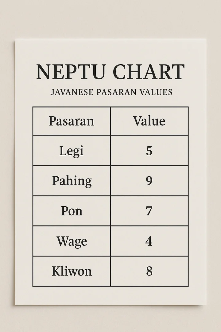 A visually appealing printable Neptu chart showing the Javanese Pasaran values in a clear table format, designed as a PDF poster.