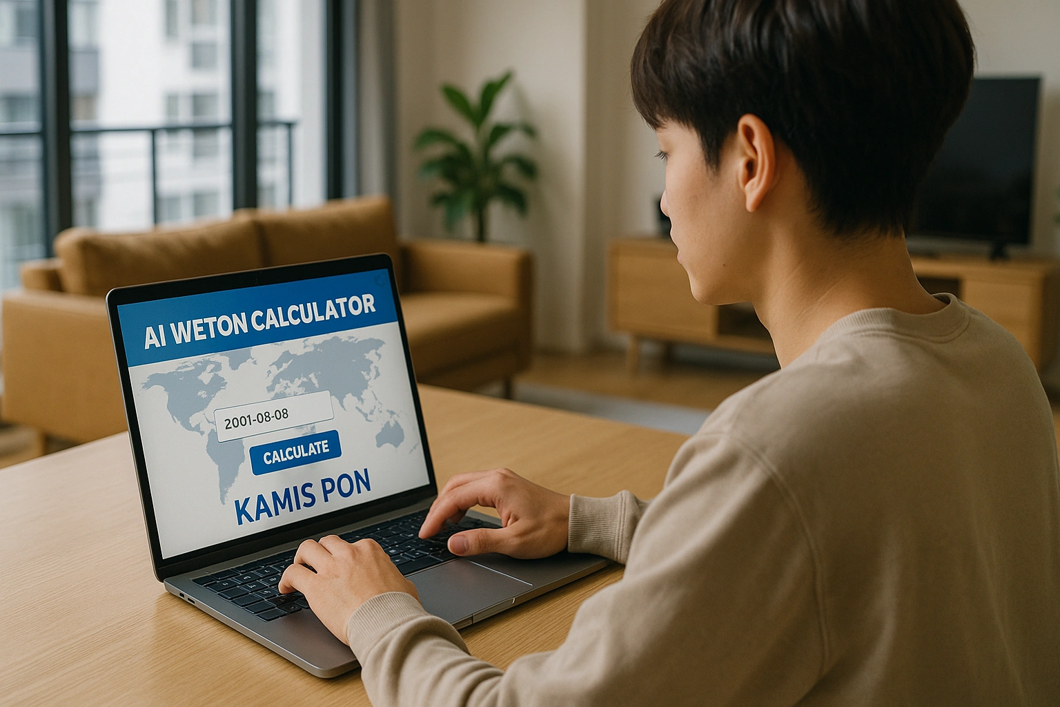 A young person in a modern apartment using a laptop to access an AI Weton calculator, showing the global accessibility of Javanese culture.