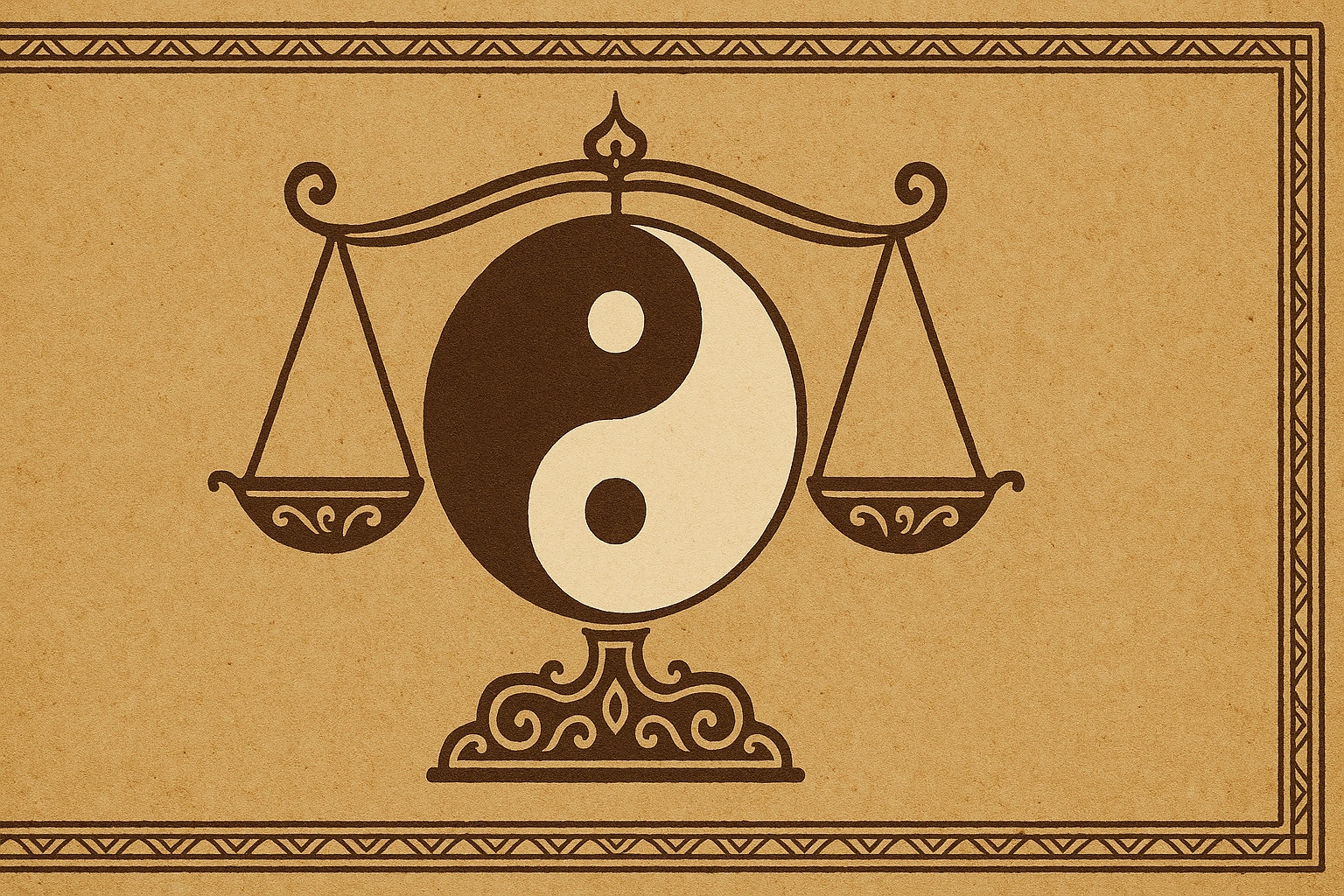 An abstract image representing balance, like a yin yang symbol or scales, in Javanese aesthetic style.