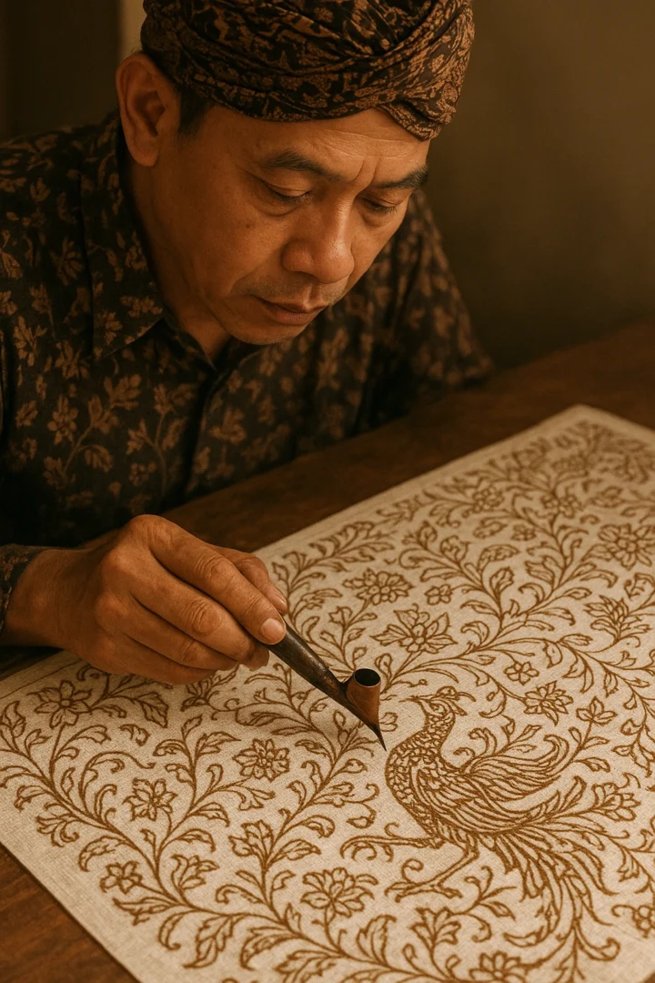An artisan carefully drawing Javanese batik motifs, showcasing the hidden meanings and symbolism of patterns from Yogyakarta and Solo.
