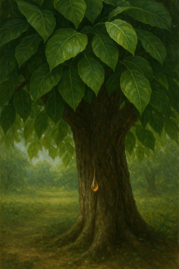 An artistic rendering of the Pohon Ingas, its lush leaves offering shade while a single drop of sap hints at its hidden power, a core Wuku Kurantil trait.