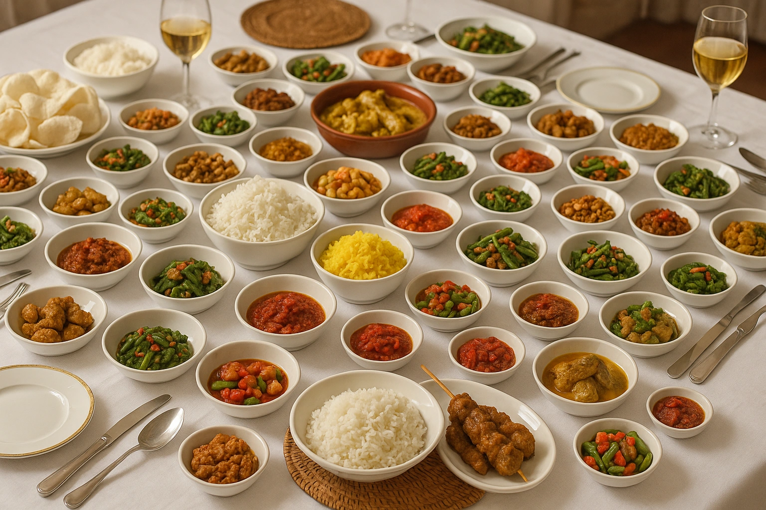 An elaborate Dutch Indonesian Rijsttafel feast, showcasing dozens of small dishes of Javanese food ready to be enjoyed in a European setting.