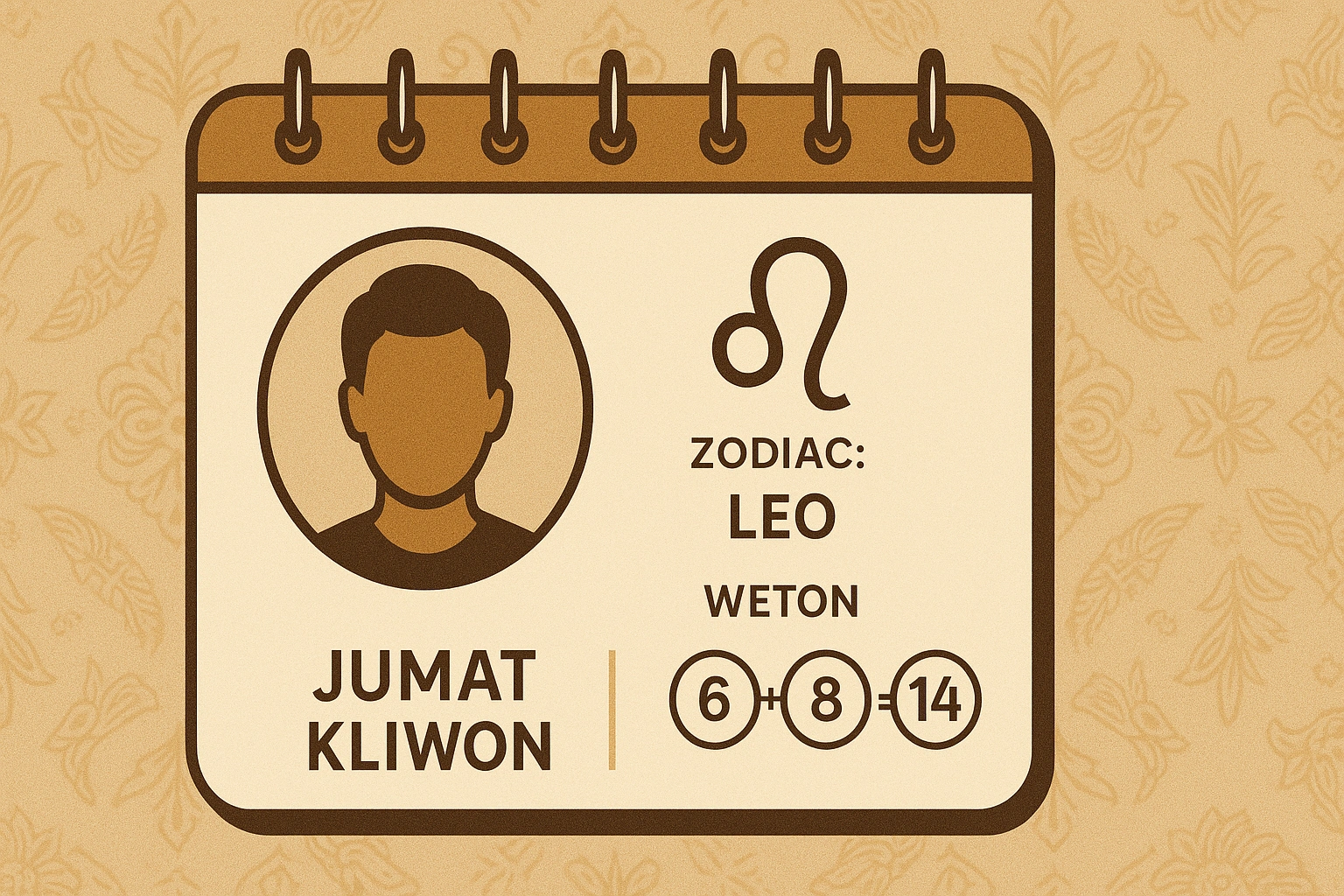 An illustration of a calendar with a person's photo, showing both their Zodiac sign (Leo) and their Weton day (Jumat Kliwon)