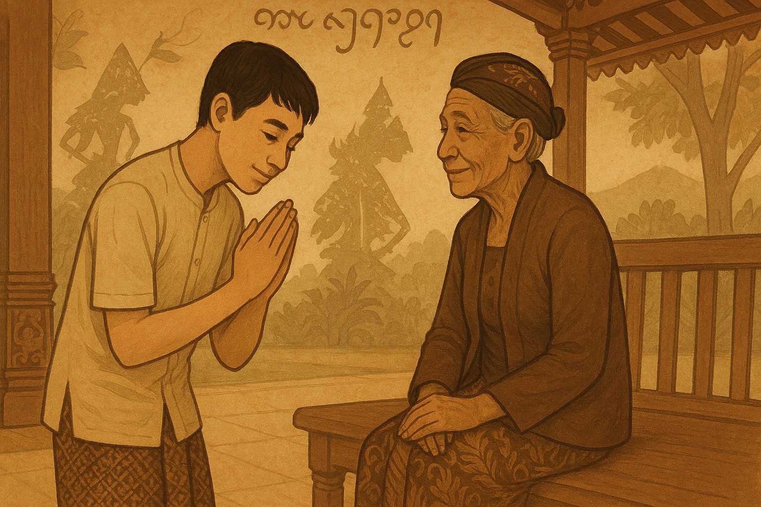 An illustration of a younger person speaking respectfully to an older Javanese person, representing the use of Krama.