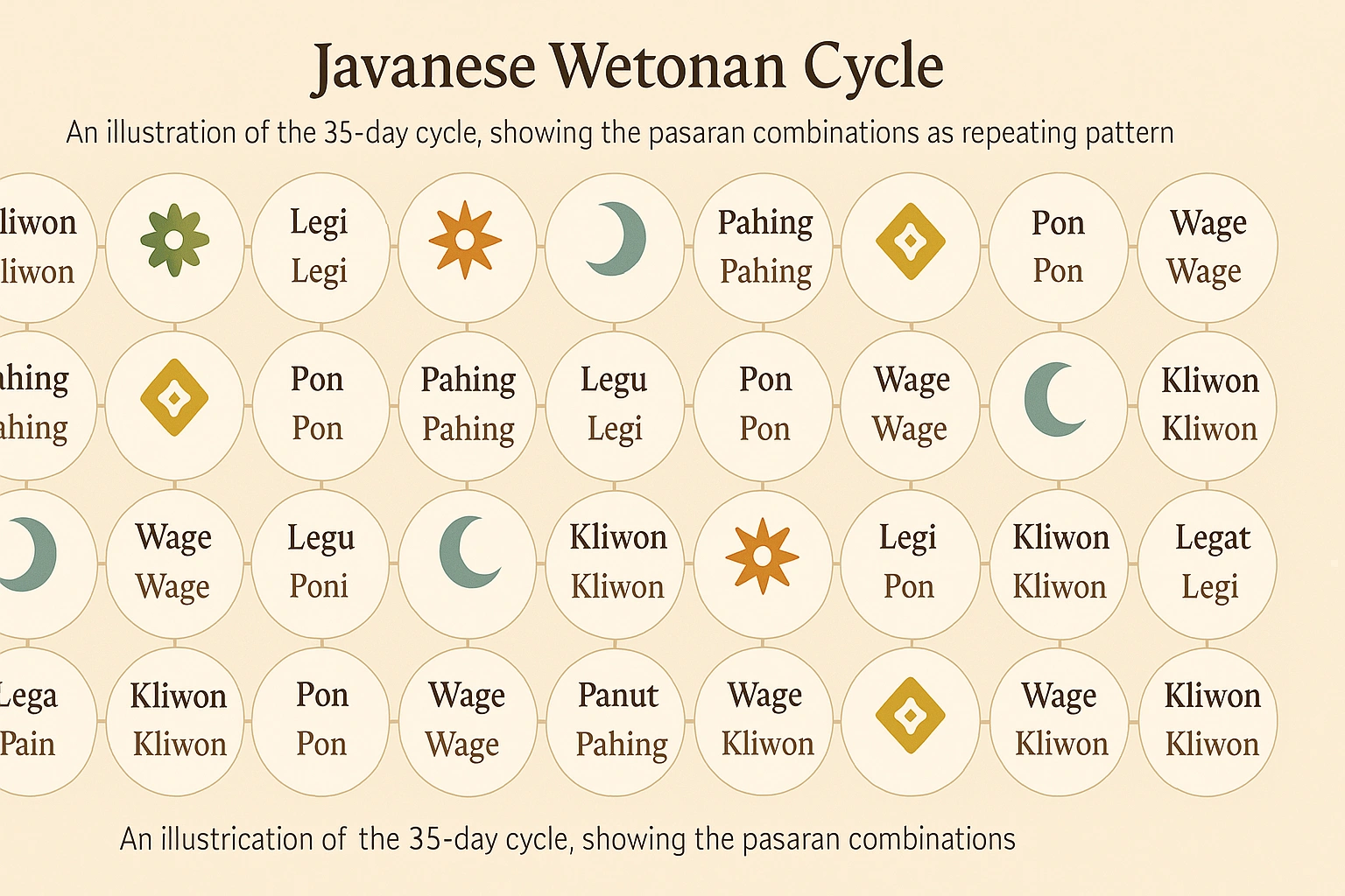 An illustration of the 35 day Javanese Wetonan cycle, showing the pasaran combinations as a repeating pattern