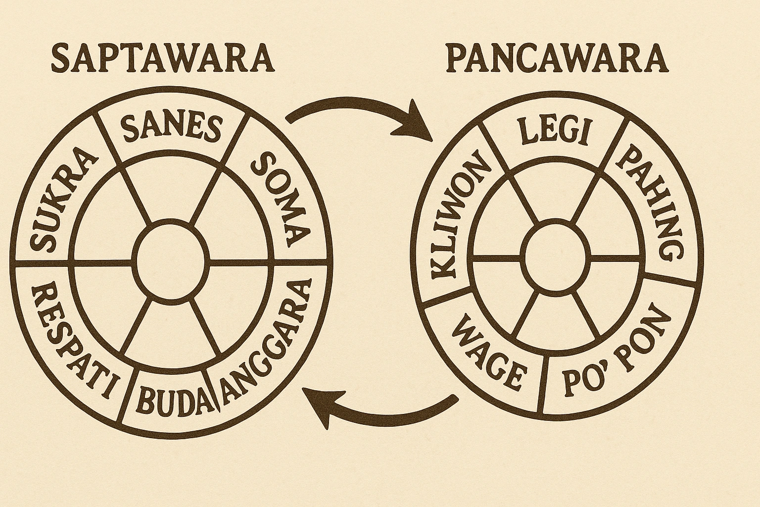 An illustration of the interlocking Javanese calendar cycles the 7 day Saptawara and the 5 day Pancawara.