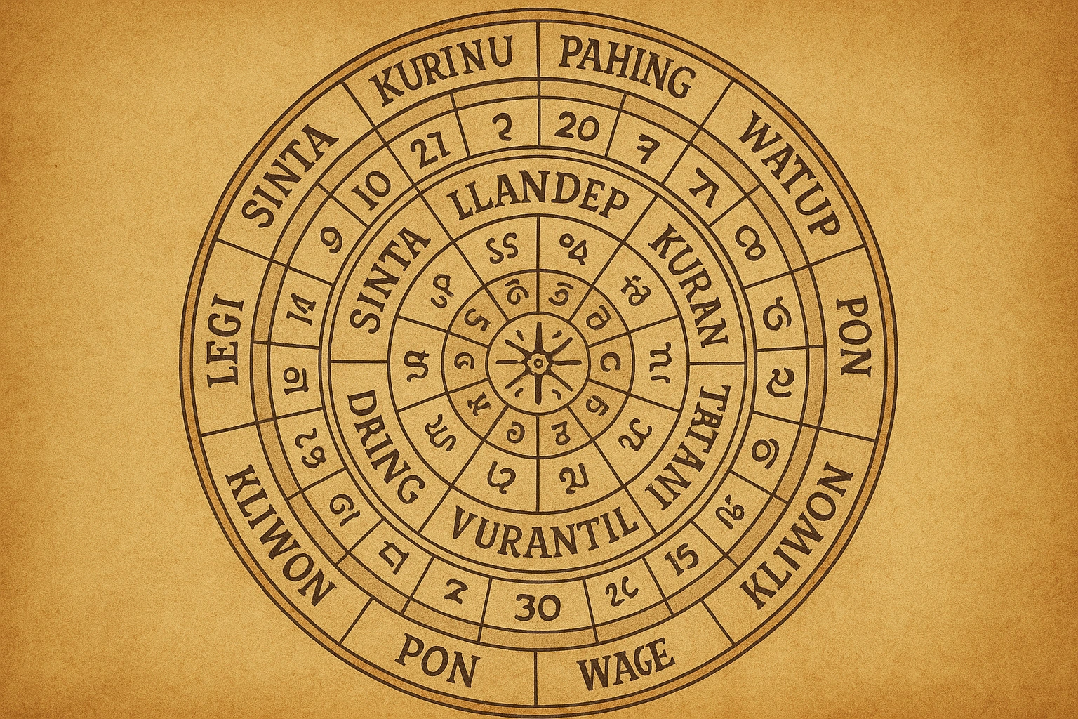 An illustration of the intricate Javanese Pawukon calendar, showing the intersecting cycles that determine a weton profile.