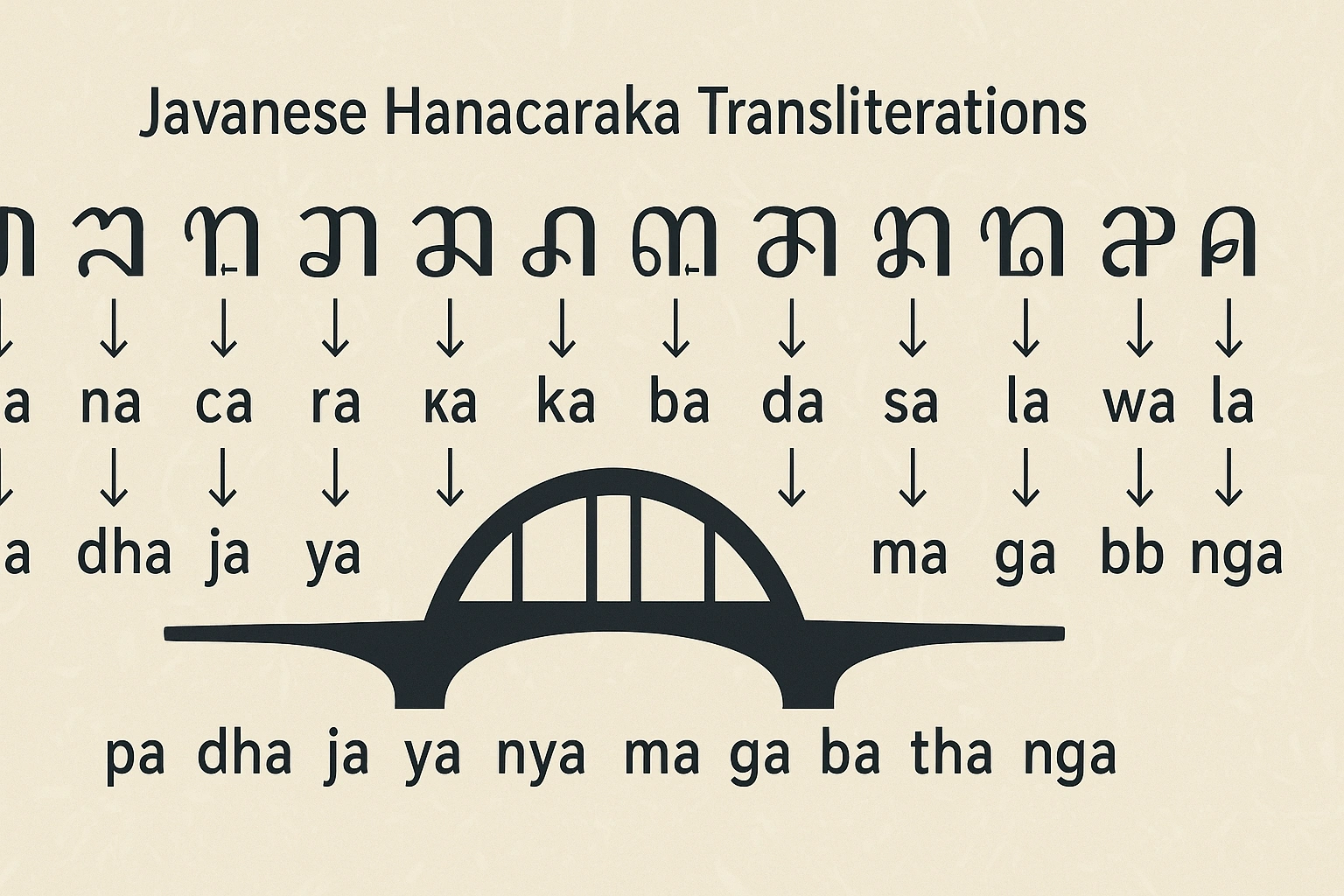 An illustration showing Javanese Hanacaraka script being transliterated into the Latin alphabet, bridging the two writing systems An illustration showing Javanese Hanacaraka script being transliterated into the Latin alphabet, bridging the two writing systems