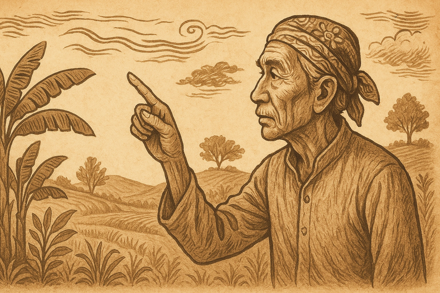 An illustration showing a traditional Javanese farmer observing the signs of nature like wind and plants.