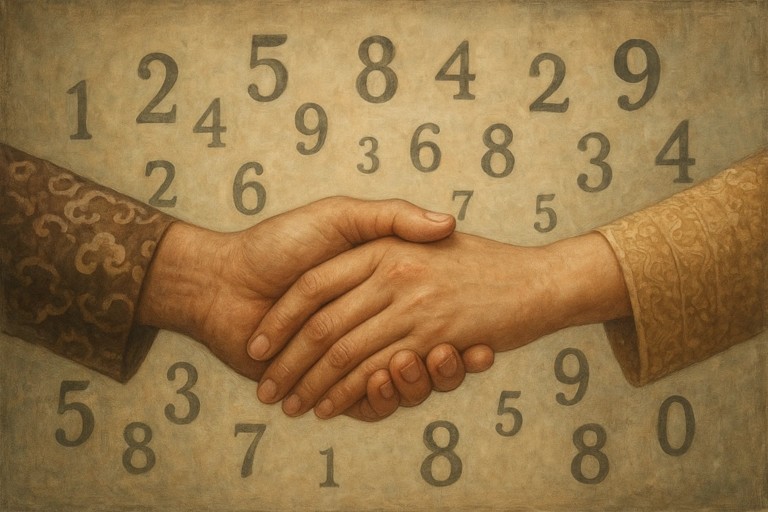 An illustration showing two hands joining with numbers floating around, symbolizing the calculation of Javanese Weton marriage compatibility.