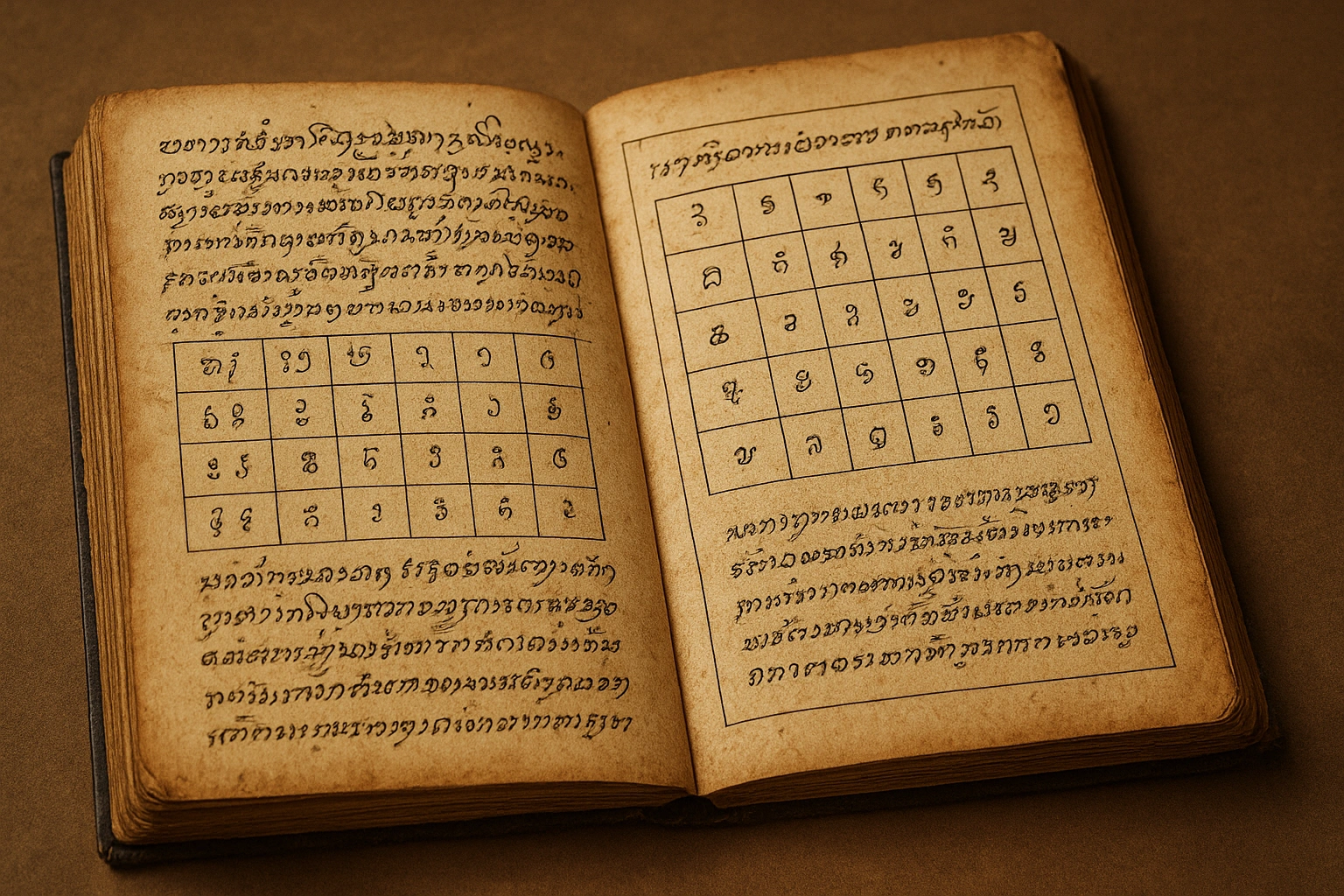 An image of an old Javanese manuscript or Primbon, showing the intricate calculations and writings used for divination.