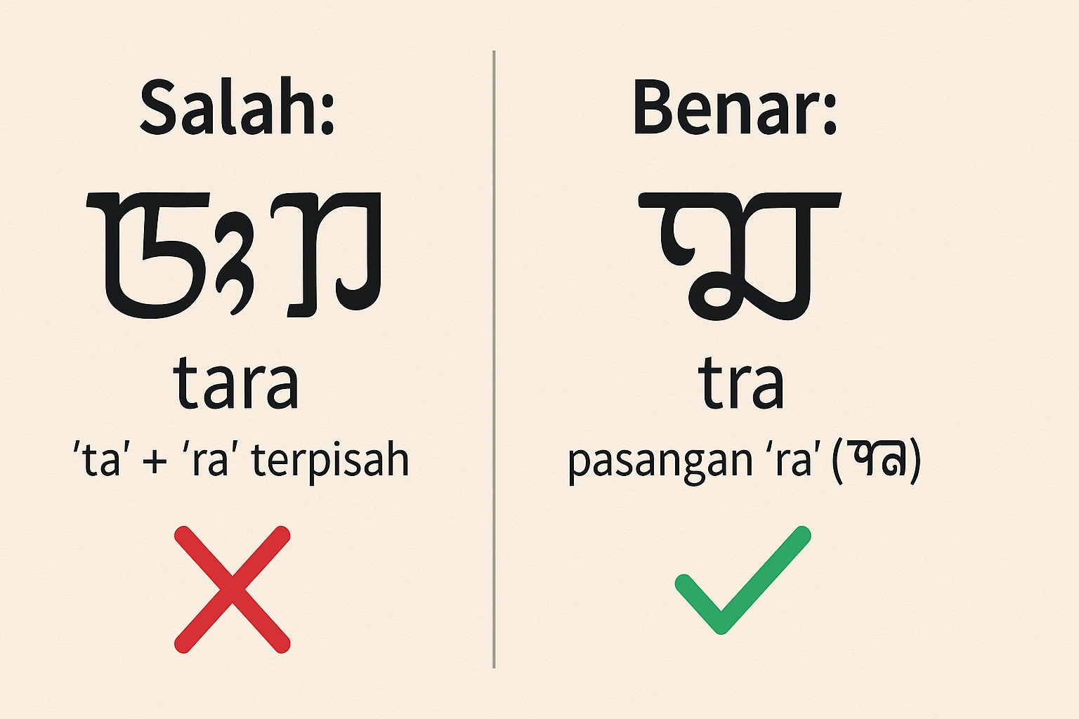 An infographic showing the wrong way to write 'tra' (two separate letters) vs the right way using a pasangan, a common Javanese tattoo checker example